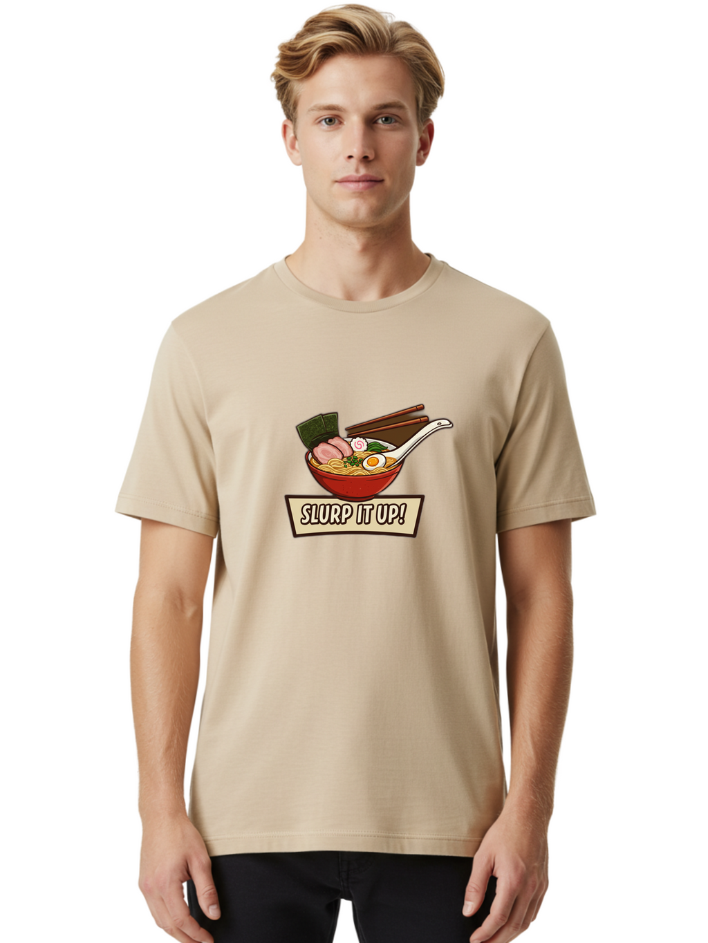 Slurp-It-Up Men'S Graphic Tee, 100% Cotton, Comfortable Casual Summer Wear, Machine Washable, Steaming Hot Ramen, Japanese Noodle Soup, Egg, Pork Slices, Seaweed, Chopsticks, Savory Meal, Comfort Food, Slurp It Up Bab400