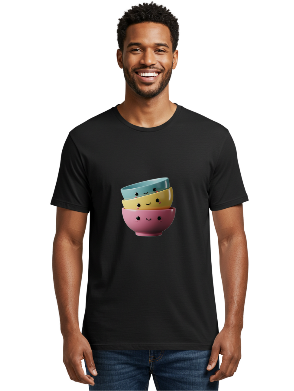 Smiley-Bowls-1 Men'S Graphic Tee, 100% Cotton, Comfortable Casual Summer Wear, Machine Washable, Stacked Bowls, Colorful Kitchenware, Smiling Faces, Cute Ceramics, Pastel Colors, Adorable Design, Happy Kitchen, Playful Tableware Bab401