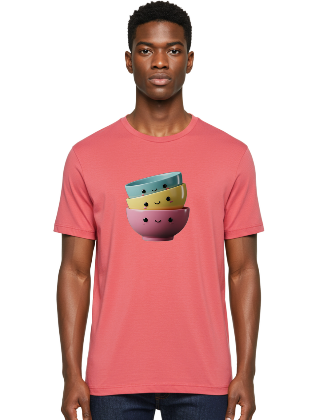 Smiley-Bowls-1 Men'S Graphic Tee, 100% Cotton, Comfortable Casual Summer Wear, Machine Washable, Stacked Bowls, Colorful Kitchenware, Smiling Faces, Cute Ceramics, Pastel Colors, Adorable Design, Happy Kitchen, Playful Tableware Bab401