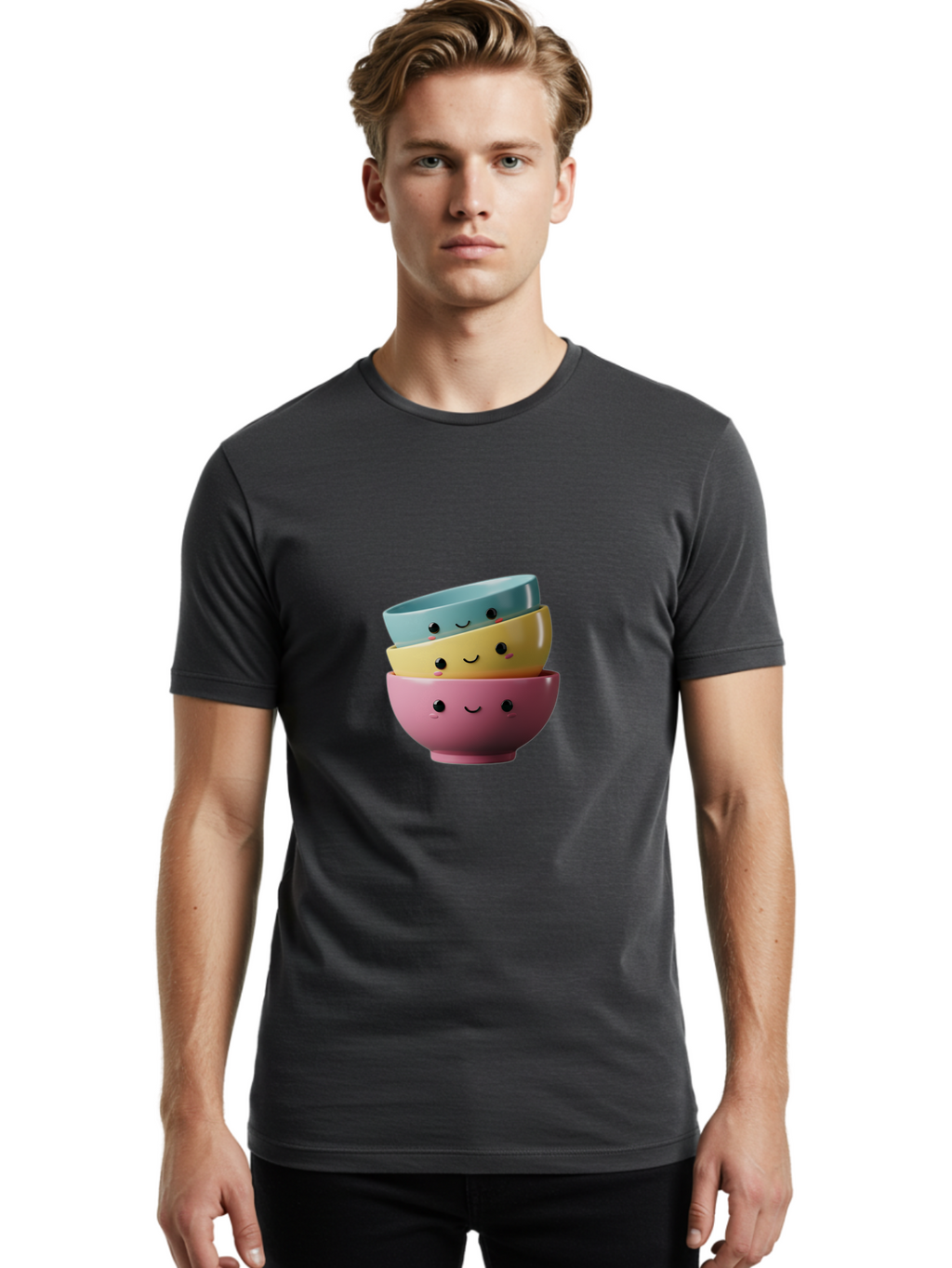 Smiley-Bowls-1 Men'S Graphic Tee, 100% Cotton, Comfortable Casual Summer Wear, Machine Washable, Stacked Bowls, Colorful Kitchenware, Smiling Faces, Cute Ceramics, Pastel Colors, Adorable Design, Happy Kitchen, Playful Tableware Bab401