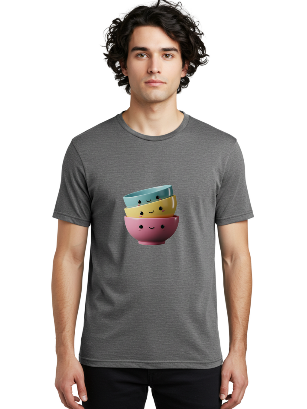 Smiley-Bowls-1 Men'S Graphic Tee, 100% Cotton, Comfortable Casual Summer Wear, Machine Washable, Stacked Bowls, Colorful Kitchenware, Smiling Faces, Cute Ceramics, Pastel Colors, Adorable Design, Happy Kitchen, Playful Tableware Bab401