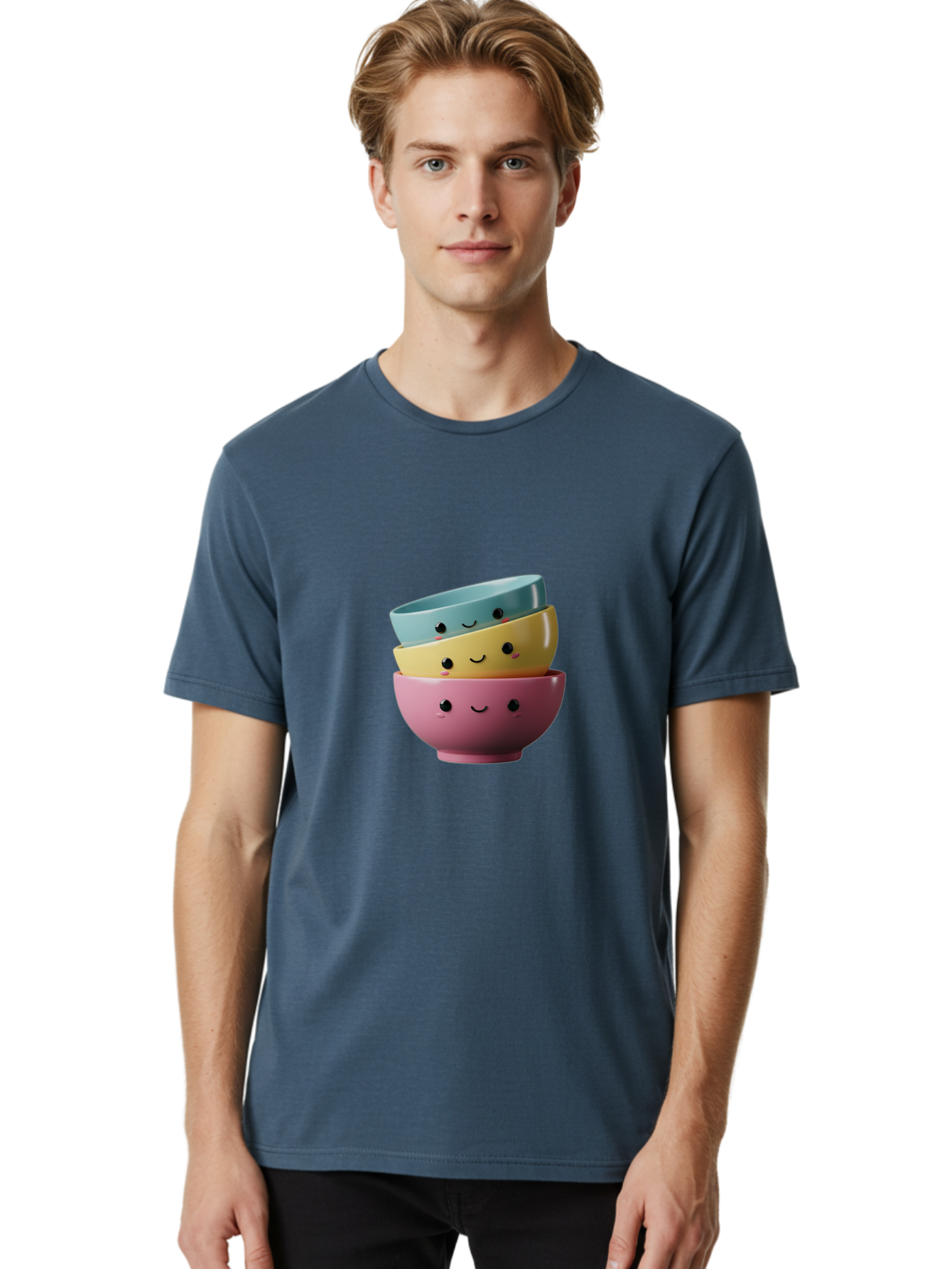 Smiley-Bowls-1 Men'S Graphic Tee, 100% Cotton, Comfortable Casual Summer Wear, Machine Washable, Stacked Bowls, Colorful Kitchenware, Smiling Faces, Cute Ceramics, Pastel Colors, Adorable Design, Happy Kitchen, Playful Tableware Bab401