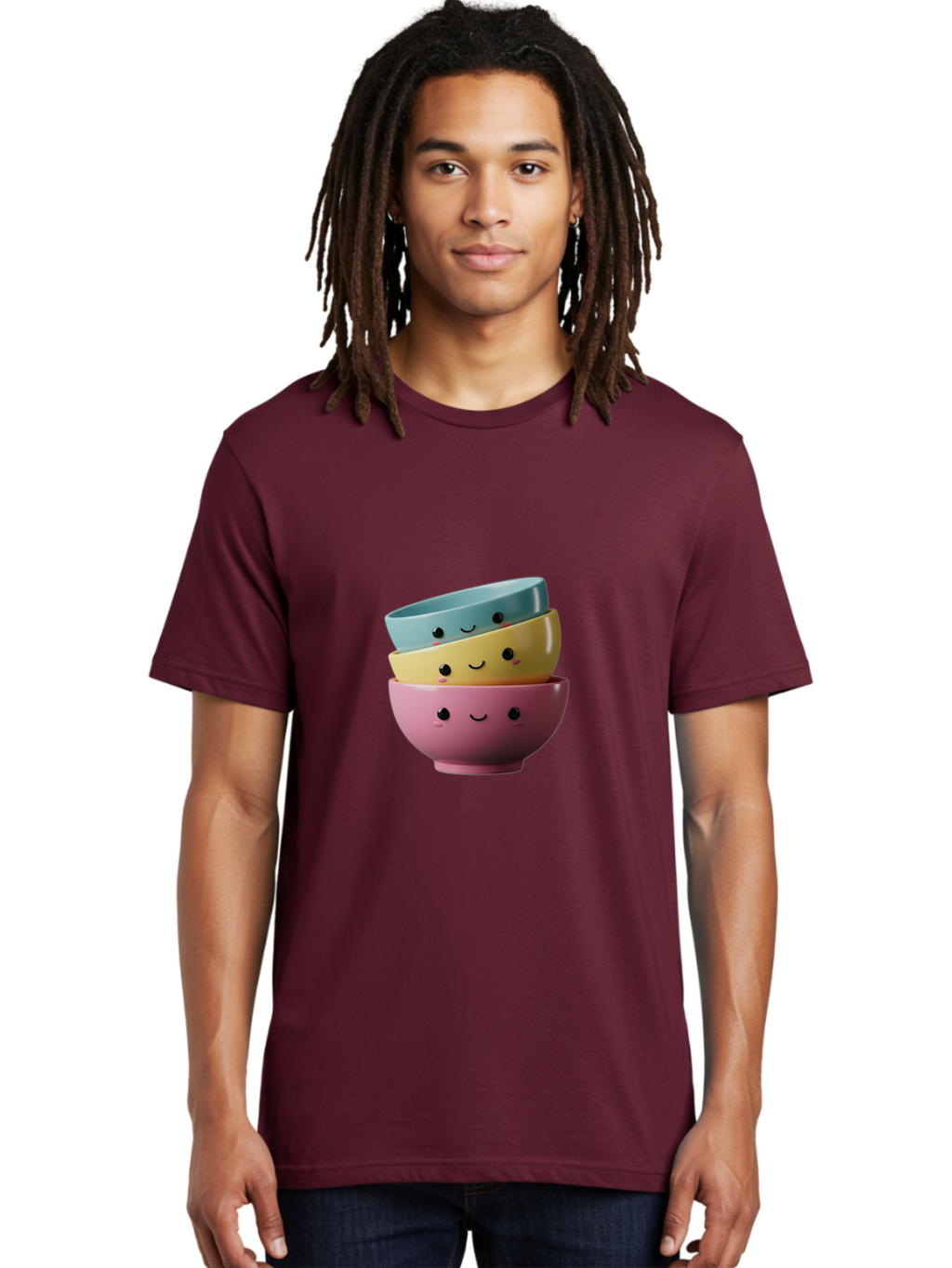 Smiley-Bowls-1 Men'S Graphic Tee, 100% Cotton, Comfortable Casual Summer Wear, Machine Washable, Stacked Bowls, Colorful Kitchenware, Smiling Faces, Cute Ceramics, Pastel Colors, Adorable Design, Happy Kitchen, Playful Tableware Bab401