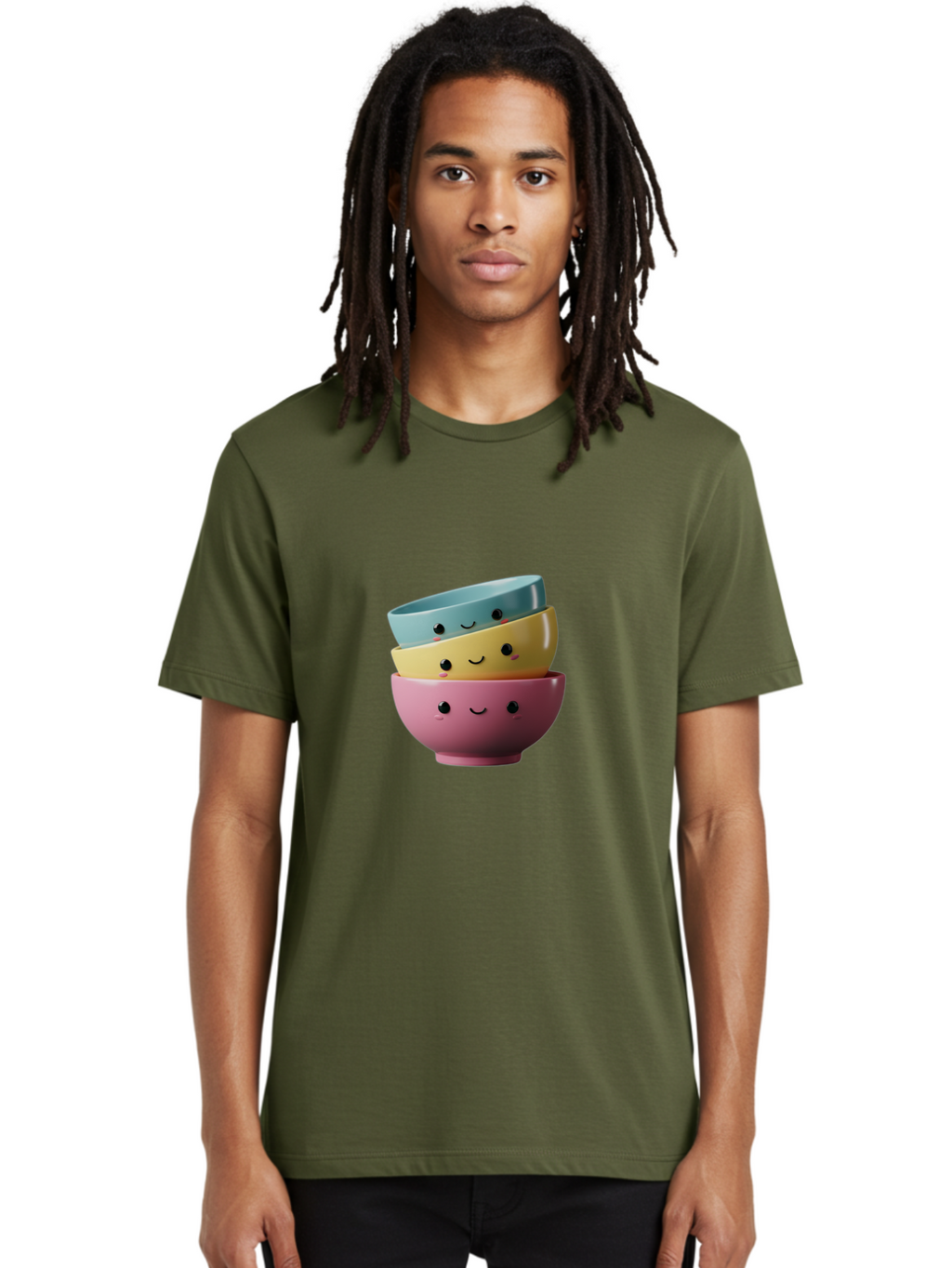 Smiley-Bowls-1 Men'S Graphic Tee, 100% Cotton, Comfortable Casual Summer Wear, Machine Washable, Stacked Bowls, Colorful Kitchenware, Smiling Faces, Cute Ceramics, Pastel Colors, Adorable Design, Happy Kitchen, Playful Tableware Bab401