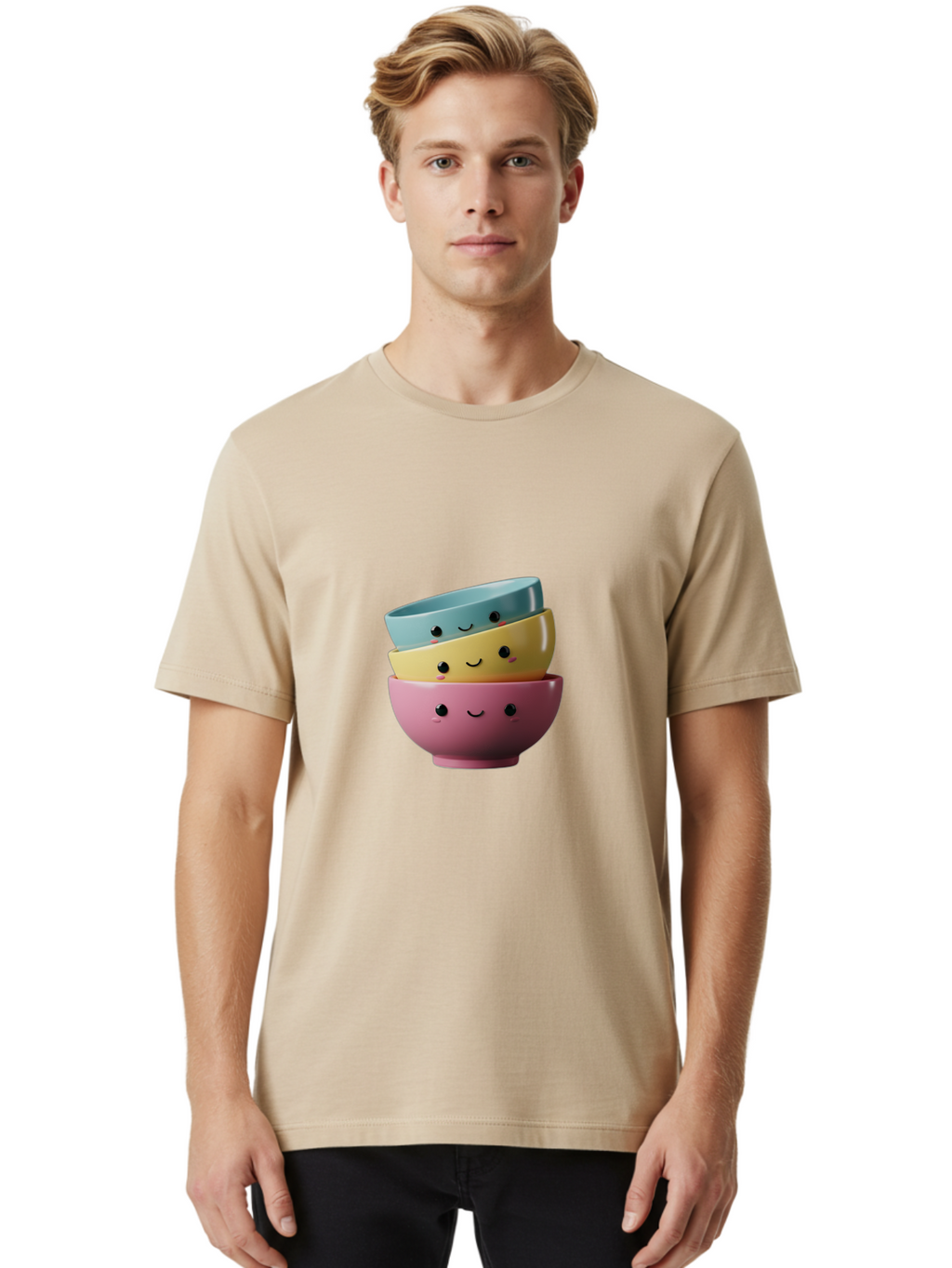 Smiley-Bowls-1 Men'S Graphic Tee, 100% Cotton, Comfortable Casual Summer Wear, Machine Washable, Stacked Bowls, Colorful Kitchenware, Smiling Faces, Cute Ceramics, Pastel Colors, Adorable Design, Happy Kitchen, Playful Tableware Bab401