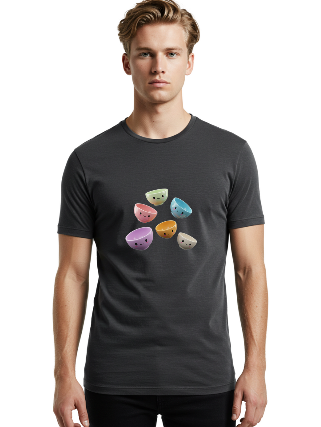Smiley-Bowls-2 Men'S Graphic Tee, 100% Cotton, Comfortable Casual Summer Wear, Machine Washable, Pastel-Colored Bowls, Cute Faces, Smiling Bowls, Kawaii, Adorable Kitchenware, Colorful Tableware, Whimsical Design, Happy Faces, Ceramic Bowls Bab402