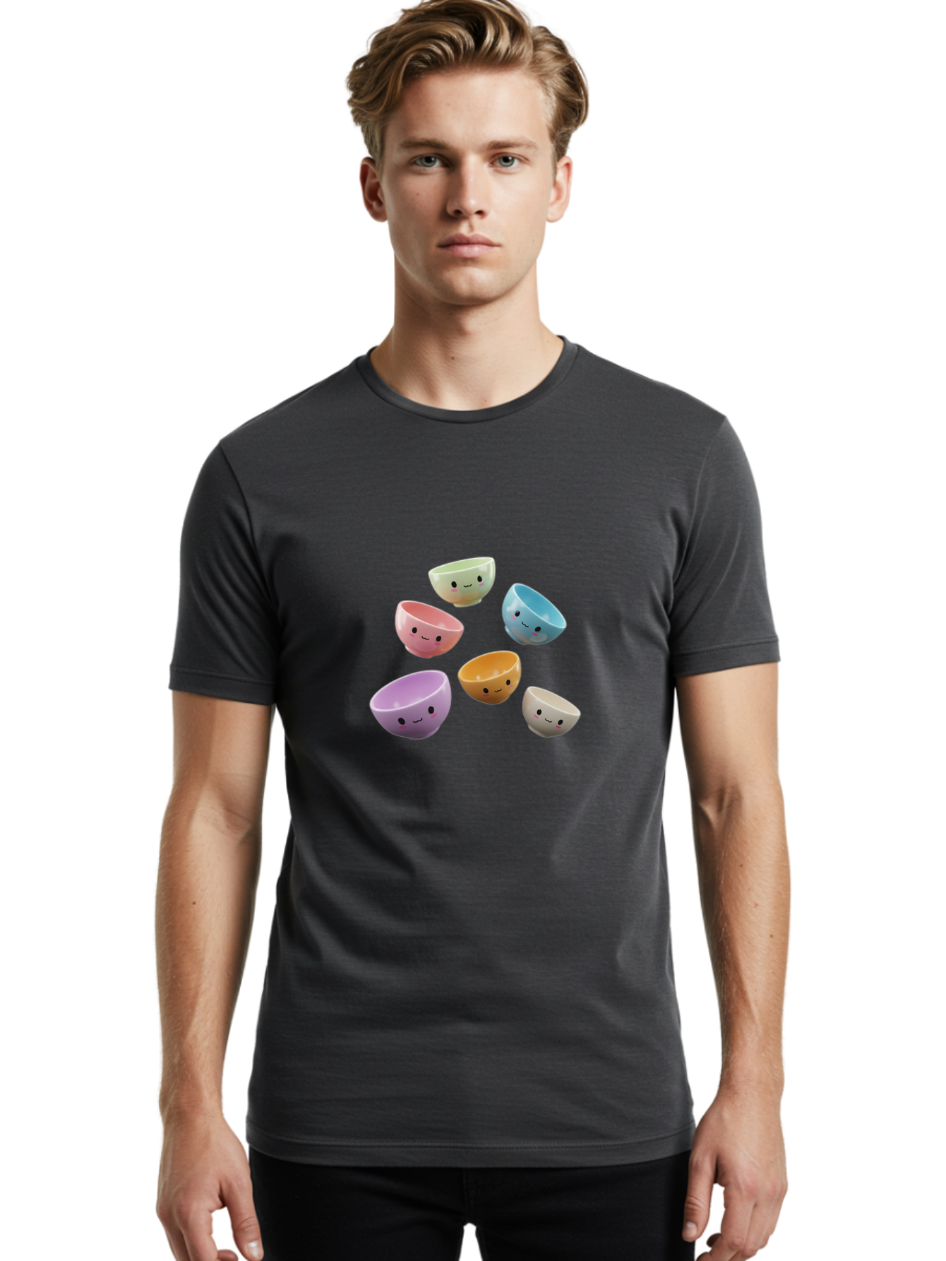 Smiley-Bowls-2 Men'S Graphic Tee, 100% Cotton, Comfortable Casual Summer Wear, Machine Washable, Pastel-Colored Bowls, Cute Faces, Smiling Bowls, Kawaii, Adorable Kitchenware, Colorful Tableware, Whimsical Design, Happy Faces, Ceramic Bowls Bab402