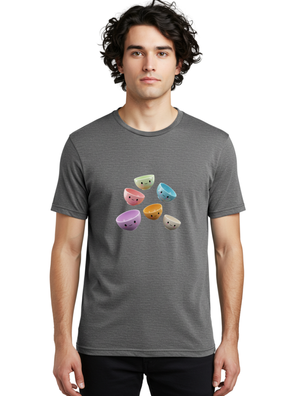 Smiley-Bowls-2 Men'S Graphic Tee, 100% Cotton, Comfortable Casual Summer Wear, Machine Washable, Pastel-Colored Bowls, Cute Faces, Smiling Bowls, Kawaii, Adorable Kitchenware, Colorful Tableware, Whimsical Design, Happy Faces, Ceramic Bowls Bab402
