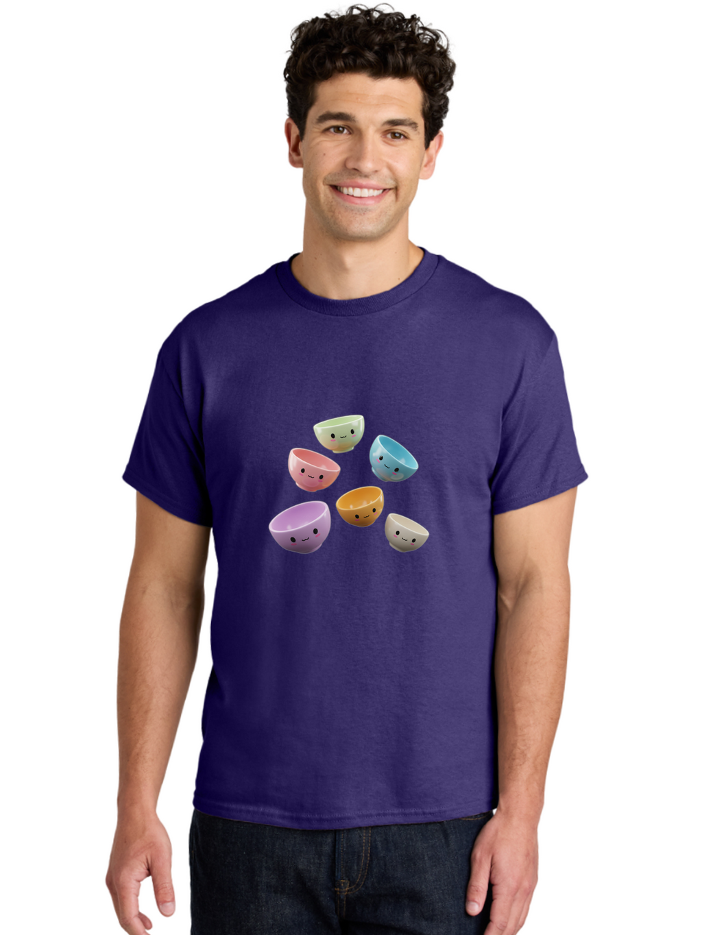 Smiley-Bowls-2 Men'S Graphic Tee, 100% Cotton, Comfortable Casual Summer Wear, Machine Washable, Pastel-Colored Bowls, Cute Faces, Smiling Bowls, Kawaii, Adorable Kitchenware, Colorful Tableware, Whimsical Design, Happy Faces, Ceramic Bowls Bab402