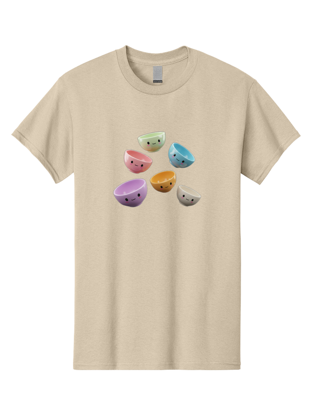 Smiley-Bowls-2 Men'S Graphic Tee, 100% Cotton, Comfortable Casual Summer Wear, Machine Washable, Pastel-Colored Bowls, Cute Faces, Smiling Bowls, Kawaii, Adorable Kitchenware, Colorful Tableware, Whimsical Design, Happy Faces, Ceramic Bowls Bab402