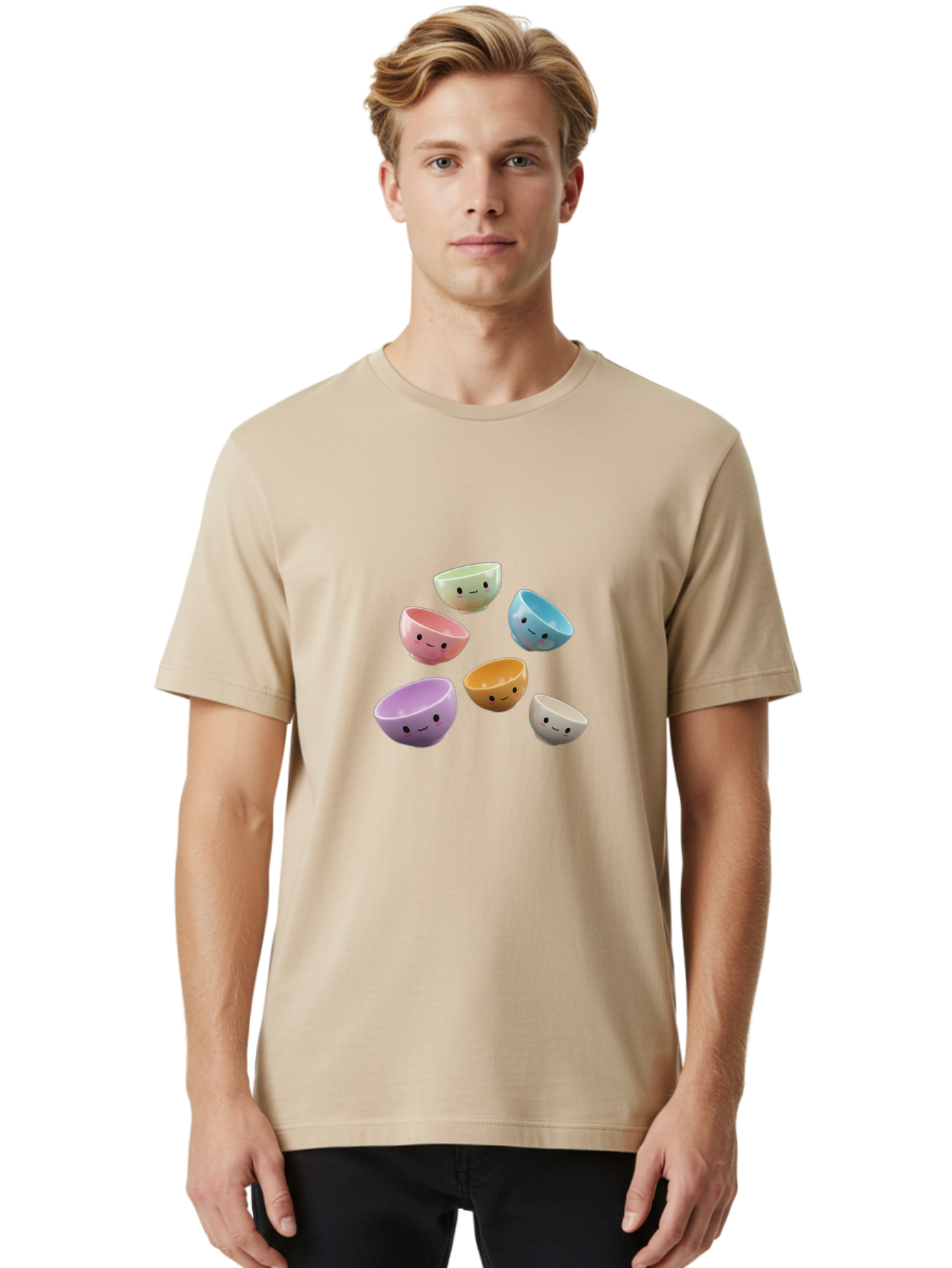 Smiley-Bowls-2 Men'S Graphic Tee, 100% Cotton, Comfortable Casual Summer Wear, Machine Washable, Pastel-Colored Bowls, Cute Faces, Smiling Bowls, Kawaii, Adorable Kitchenware, Colorful Tableware, Whimsical Design, Happy Faces, Ceramic Bowls Bab402