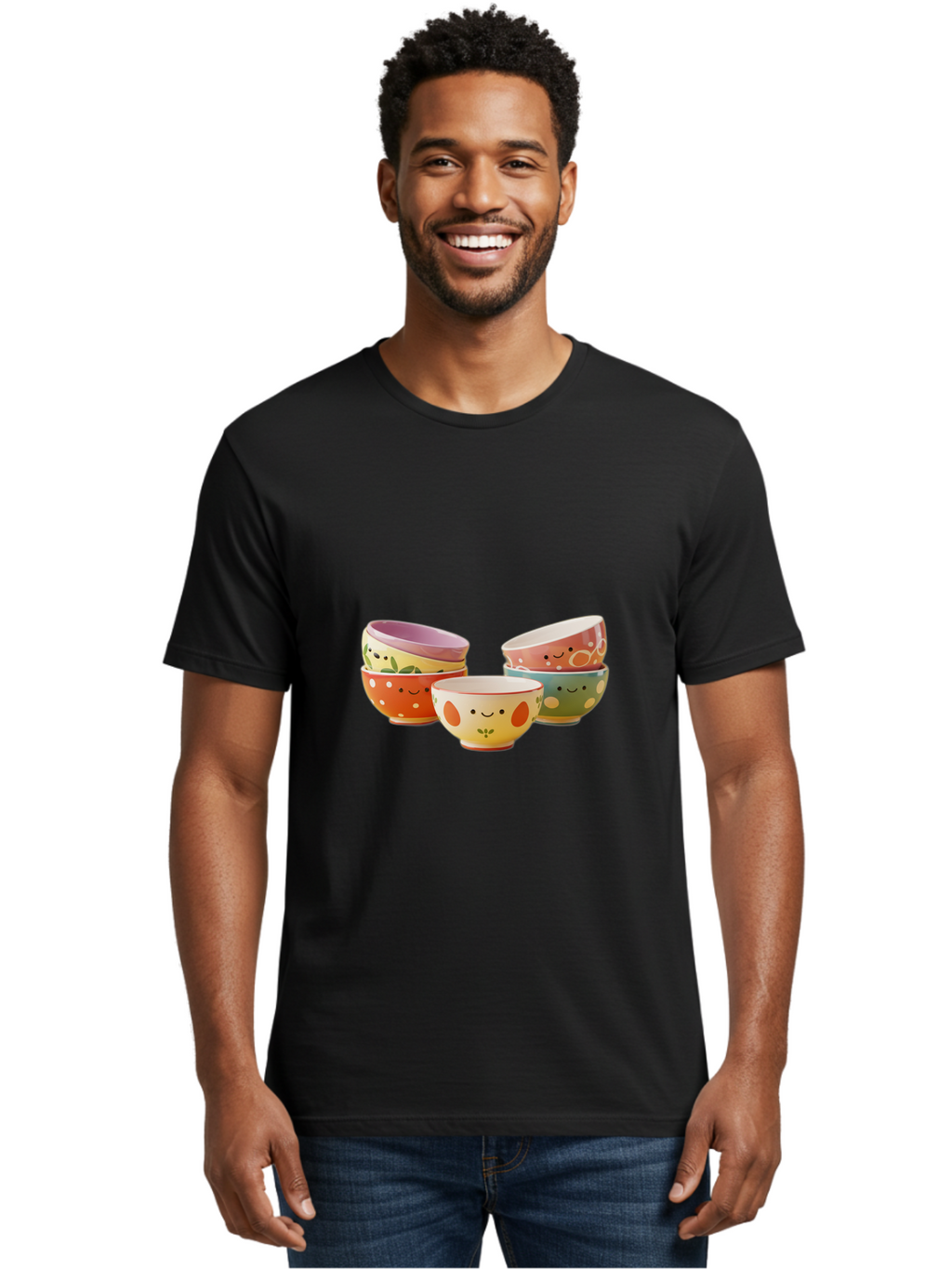 Smiley-Bowls Men'S Graphic Tee, 100% Cotton, Comfortable Casual Summer Wear, Machine Washable, Colorful Bowls, Smiley Faces, Playful Designs, Ceramic Tableware, Kitchen Decor, Happy Vibes, Polka Dots Bab403