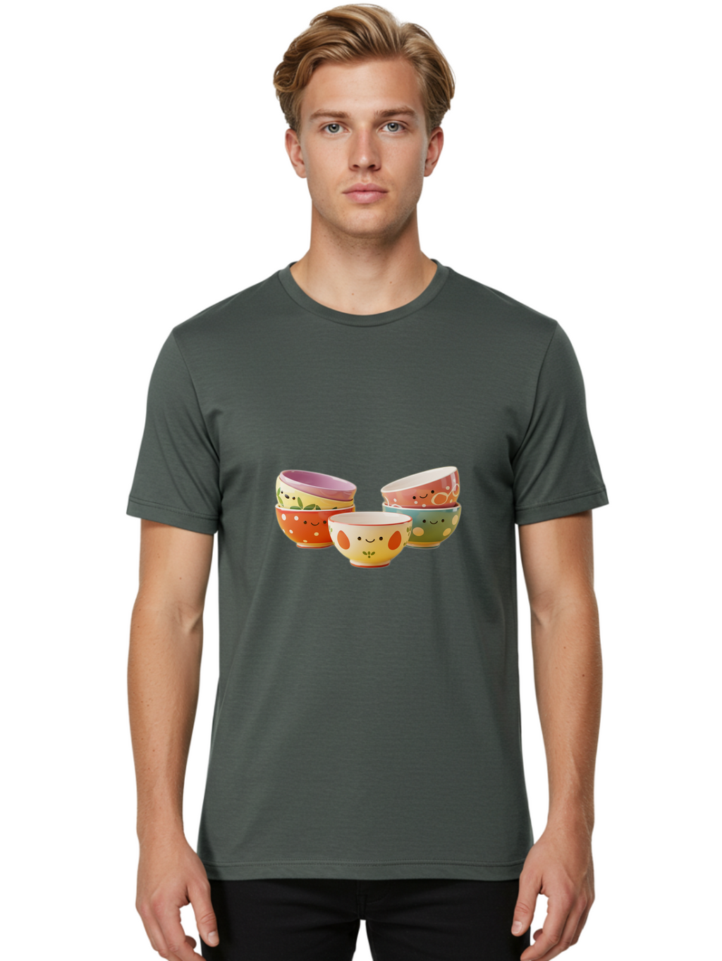 Smiley-Bowls Men'S Graphic Tee, 100% Cotton, Comfortable Casual Summer Wear, Machine Washable, Colorful Bowls, Smiley Faces, Playful Designs, Ceramic Tableware, Kitchen Decor, Happy Vibes, Polka Dots Bab403