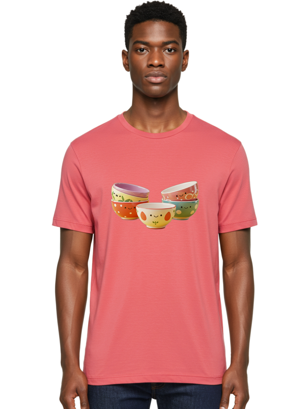 Smiley-Bowls Men'S Graphic Tee, 100% Cotton, Comfortable Casual Summer Wear, Machine Washable, Colorful Bowls, Smiley Faces, Playful Designs, Ceramic Tableware, Kitchen Decor, Happy Vibes, Polka Dots Bab403