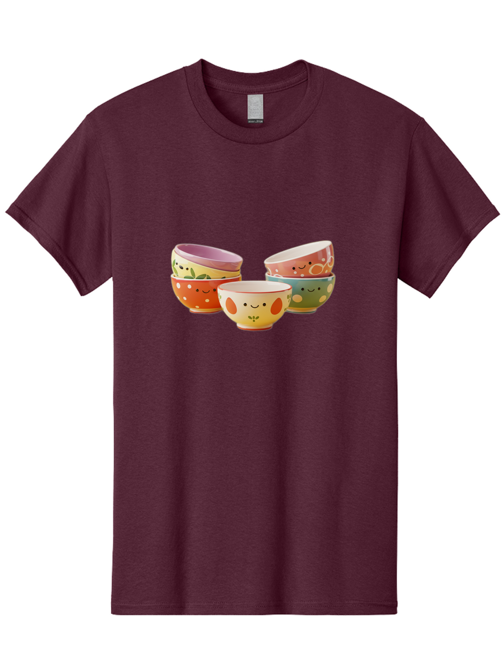 Smiley-Bowls Men'S Graphic Tee, 100% Cotton, Comfortable Casual Summer Wear, Machine Washable, Colorful Bowls, Smiley Faces, Playful Designs, Ceramic Tableware, Kitchen Decor, Happy Vibes, Polka Dots Bab403