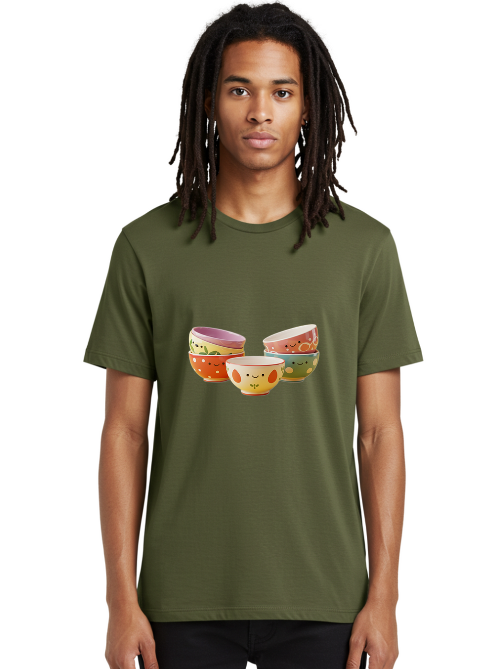 Smiley-Bowls Men'S Graphic Tee, 100% Cotton, Comfortable Casual Summer Wear, Machine Washable, Colorful Bowls, Smiley Faces, Playful Designs, Ceramic Tableware, Kitchen Decor, Happy Vibes, Polka Dots Bab403