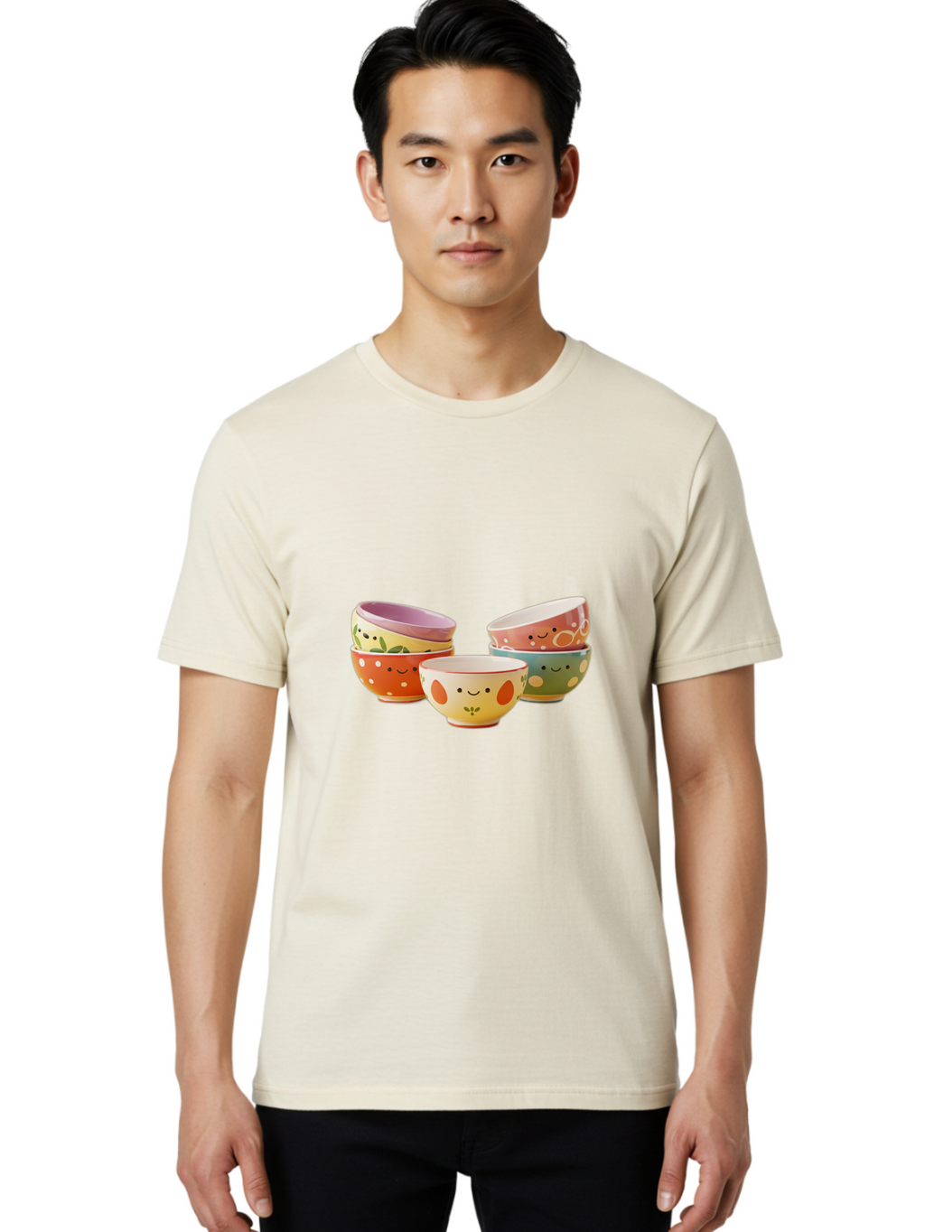 Smiley-Bowls Men'S Graphic Tee, 100% Cotton, Comfortable Casual Summer Wear, Machine Washable, Colorful Bowls, Smiley Faces, Playful Designs, Ceramic Tableware, Kitchen Decor, Happy Vibes, Polka Dots Bab403