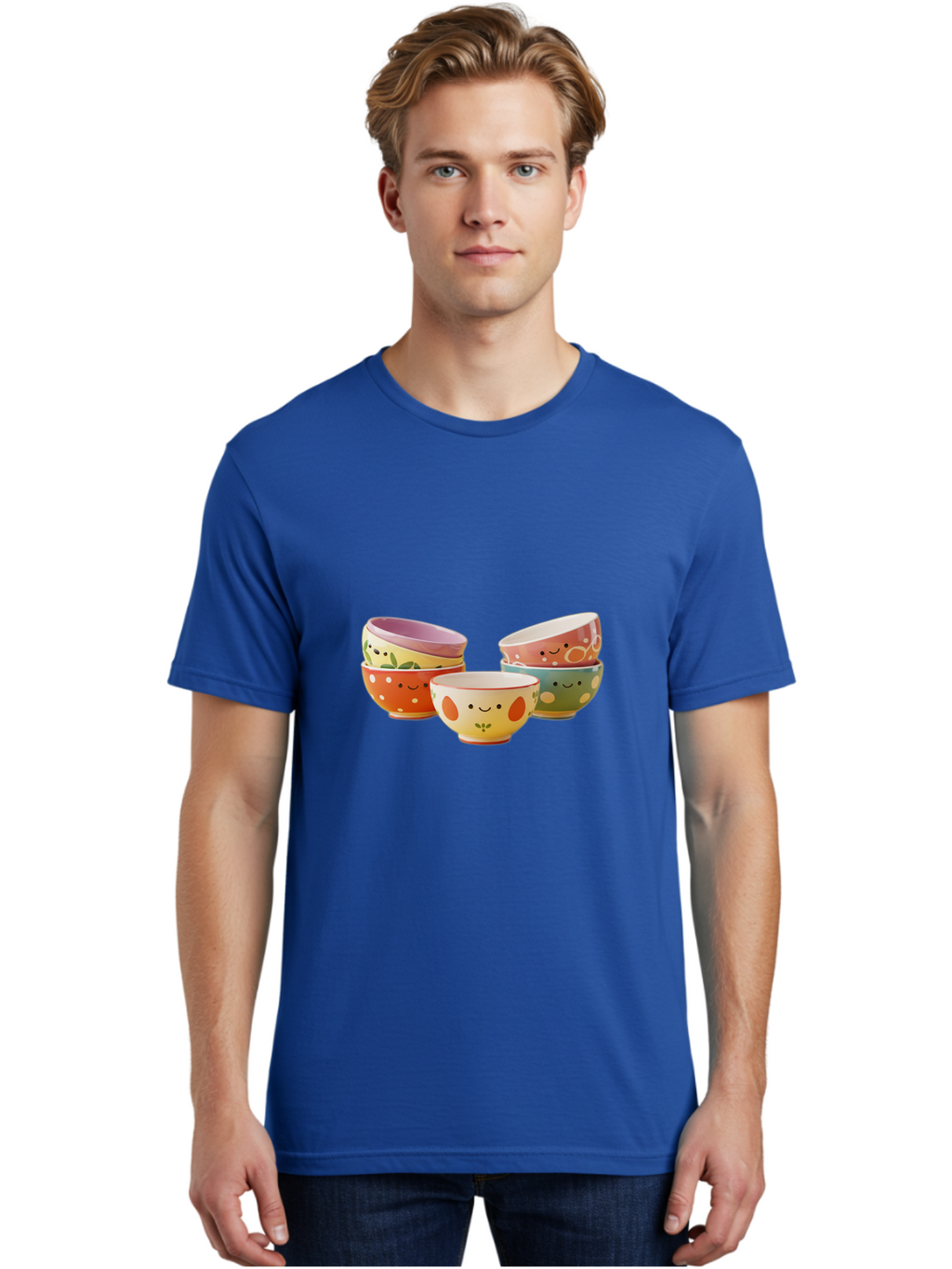 Smiley-Bowls Men'S Graphic Tee, 100% Cotton, Comfortable Casual Summer Wear, Machine Washable, Colorful Bowls, Smiley Faces, Playful Designs, Ceramic Tableware, Kitchen Decor, Happy Vibes, Polka Dots Bab403