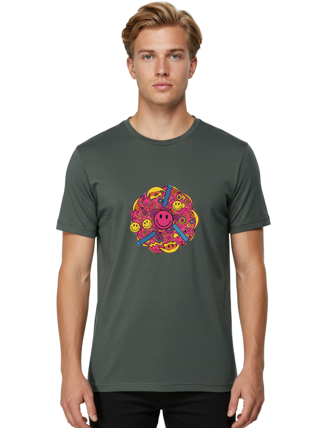 Smiley-Face-Collage Men'S Graphic Tee, 100% Cotton, Comfortable Casual Summer Wear, Machine Washable, Happy Face, Smiling Symbols, Retro Pop Art, Vibrant Illustrations, Playful Design, Colorful Graphics, Fun Emojis, Doodle Art, Happy Vibes, Bab404
