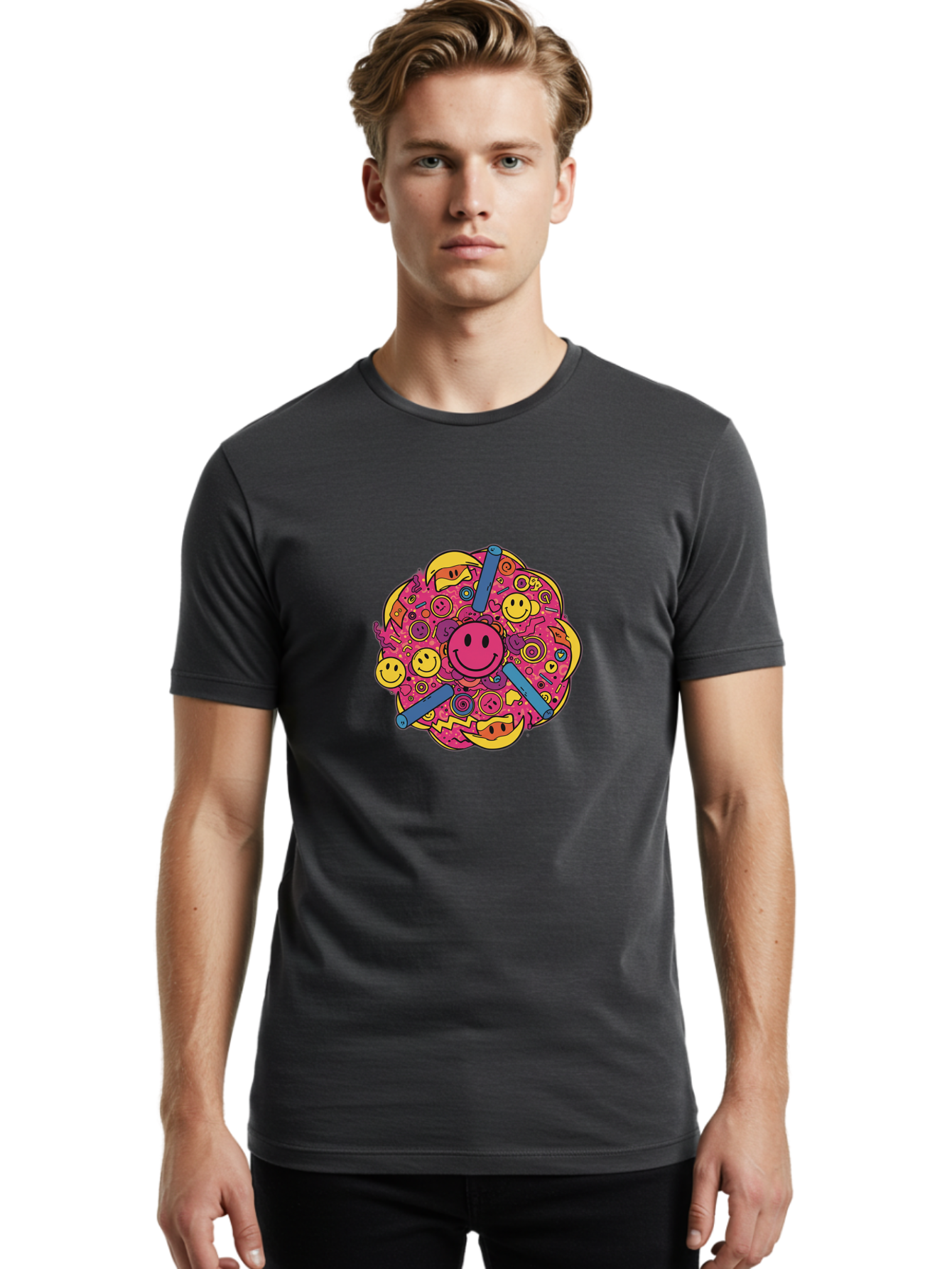 Smiley-Face-Collage Men'S Graphic Tee, 100% Cotton, Comfortable Casual Summer Wear, Machine Washable, Happy Face, Smiling Symbols, Retro Pop Art, Vibrant Illustrations, Playful Design, Colorful Graphics, Fun Emojis, Doodle Art, Happy Vibes, Bab404