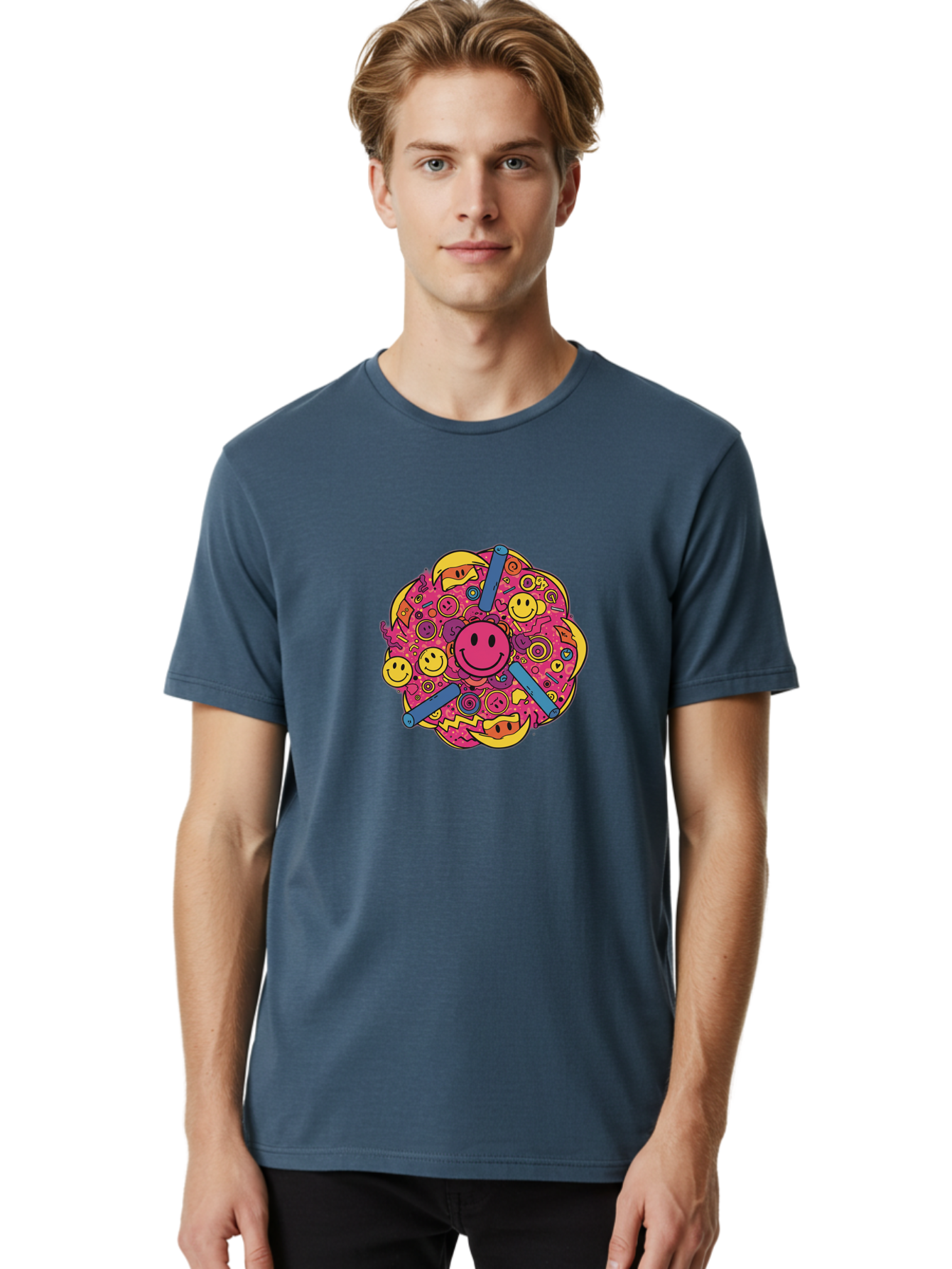 Smiley-Face-Collage Men'S Graphic Tee, 100% Cotton, Comfortable Casual Summer Wear, Machine Washable, Happy Face, Smiling Symbols, Retro Pop Art, Vibrant Illustrations, Playful Design, Colorful Graphics, Fun Emojis, Doodle Art, Happy Vibes, Bab404