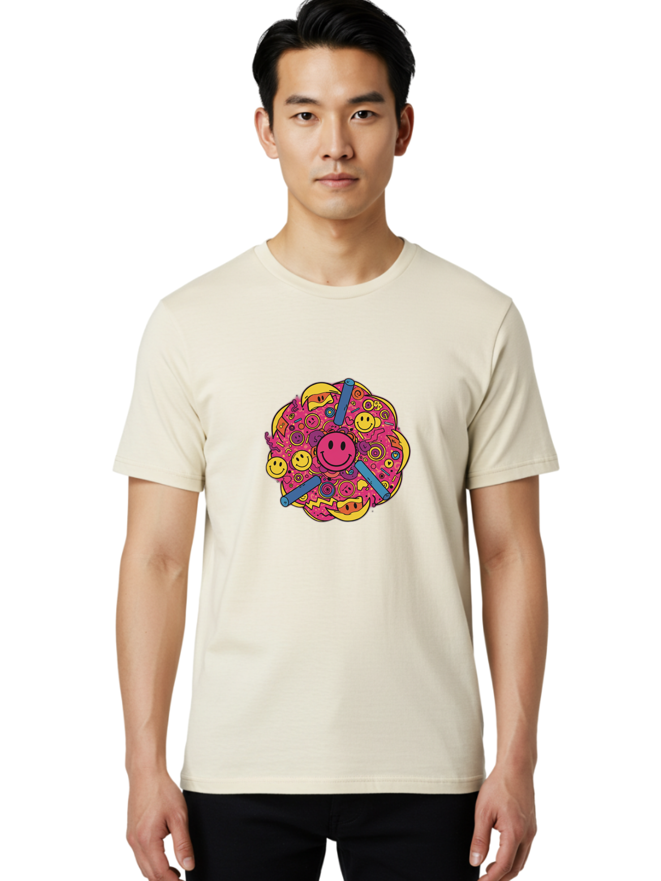 Smiley-Face-Collage Men'S Graphic Tee, 100% Cotton, Comfortable Casual Summer Wear, Machine Washable, Happy Face, Smiling Symbols, Retro Pop Art, Vibrant Illustrations, Playful Design, Colorful Graphics, Fun Emojis, Doodle Art, Happy Vibes, Bab404