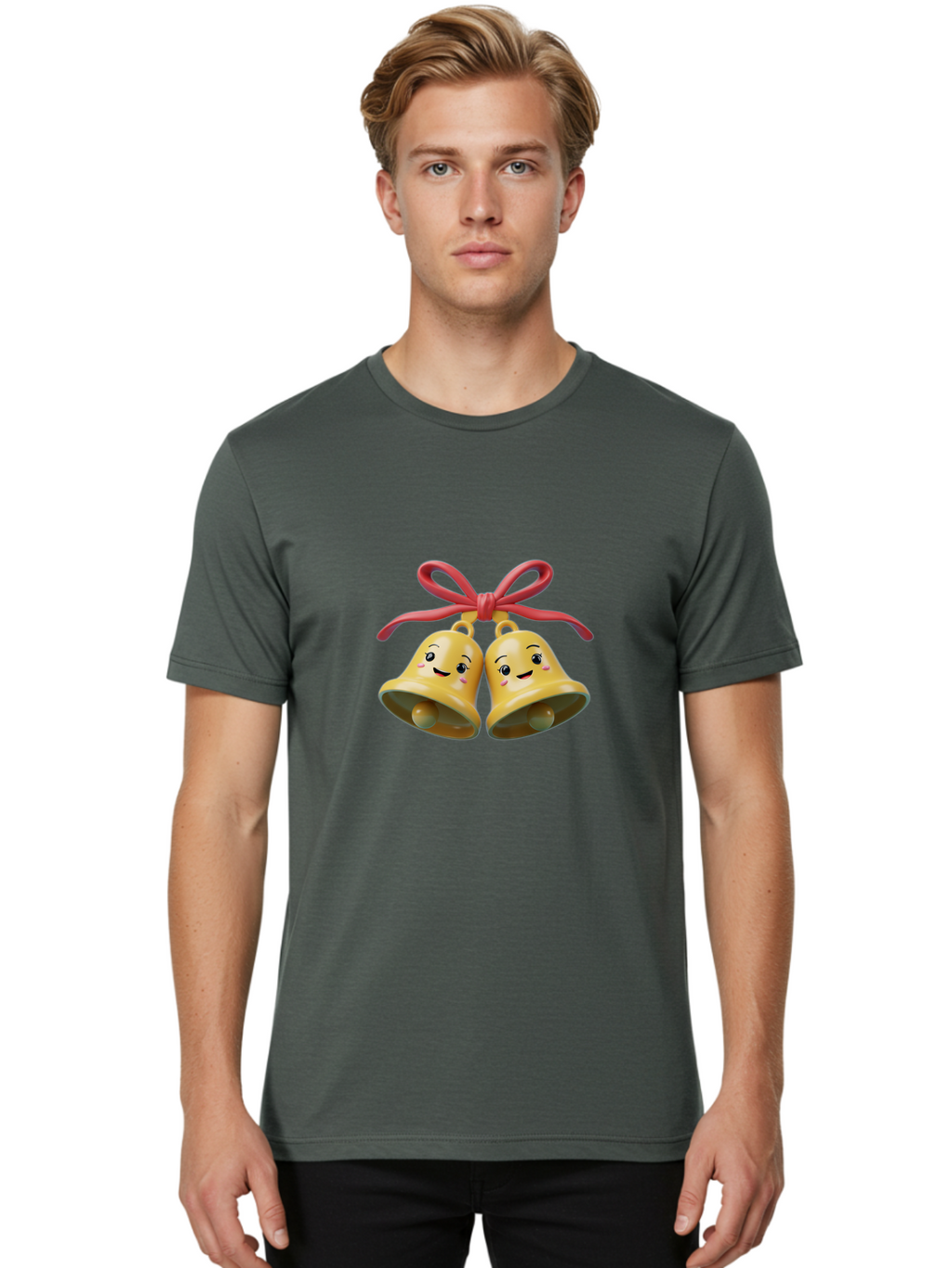 Smiling-Bells Men'S Graphic Tee, 100% Cotton, Comfortable Casual Summer Wear, Machine Washable, Smiling Bells, Cute Cartoon Characters, Festive Decorations, Joyful Atmosphere, Happy Emotions, Shiny Yellow Bells, Red Ribbon, Holiday Cheer, Bab405