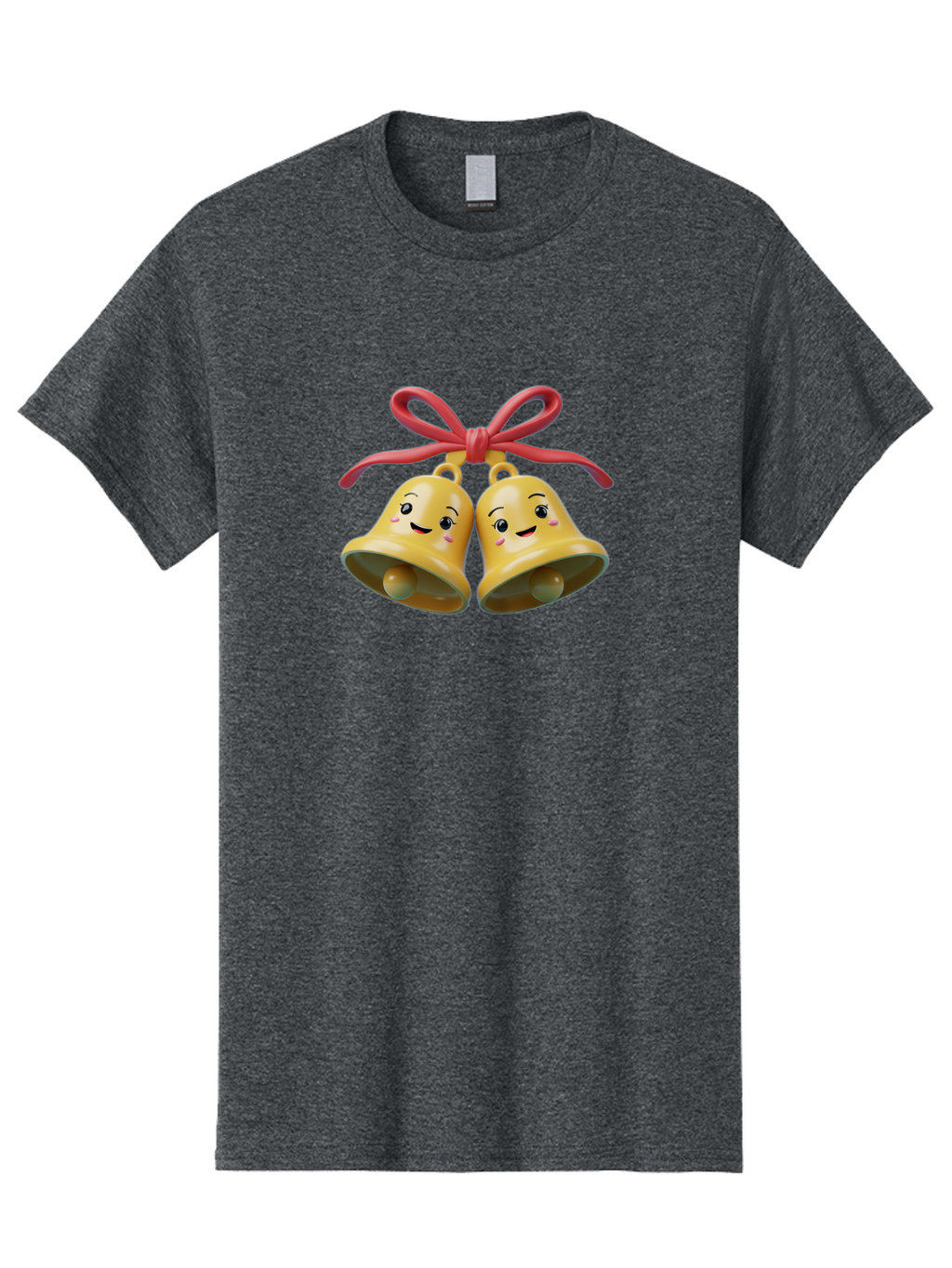 Smiling-Bells Men'S Graphic Tee, 100% Cotton, Comfortable Casual Summer Wear, Machine Washable, Smiling Bells, Cute Cartoon Characters, Festive Decorations, Joyful Atmosphere, Happy Emotions, Shiny Yellow Bells, Red Ribbon, Holiday Cheer, Bab405