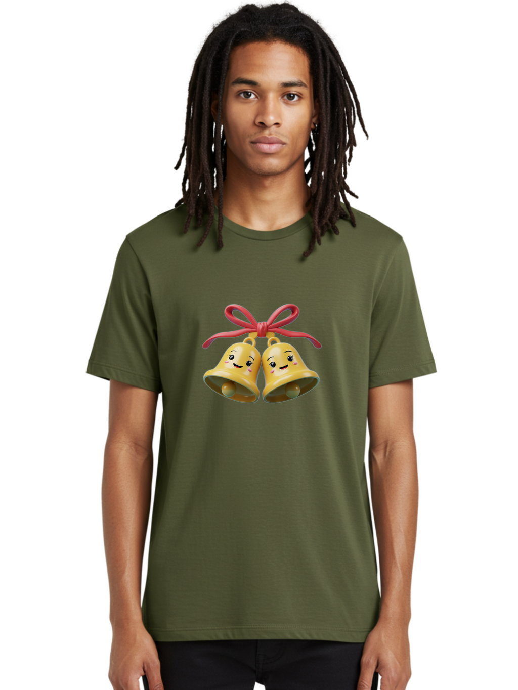 Smiling-Bells Men'S Graphic Tee, 100% Cotton, Comfortable Casual Summer Wear, Machine Washable, Smiling Bells, Cute Cartoon Characters, Festive Decorations, Joyful Atmosphere, Happy Emotions, Shiny Yellow Bells, Red Ribbon, Holiday Cheer, Bab405