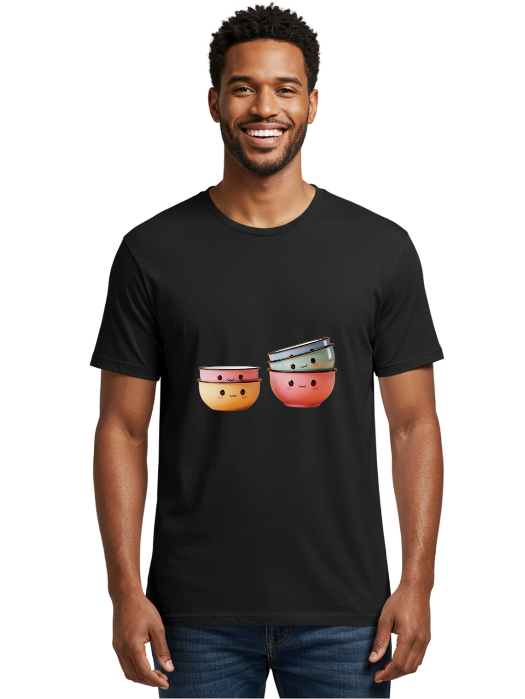 Smiling-Bowls-1 Men'S Graphic Tee, 100% Cotton, Comfortable Casual Summer Wear, Machine Washable, Stacked Mixing Bowls, Cute Kitchenware, Colorful Bowls, Smiling Faces, Kitchen Utensils, Cooking Essentials, Adorable Design, Pastel Colors, Bab406