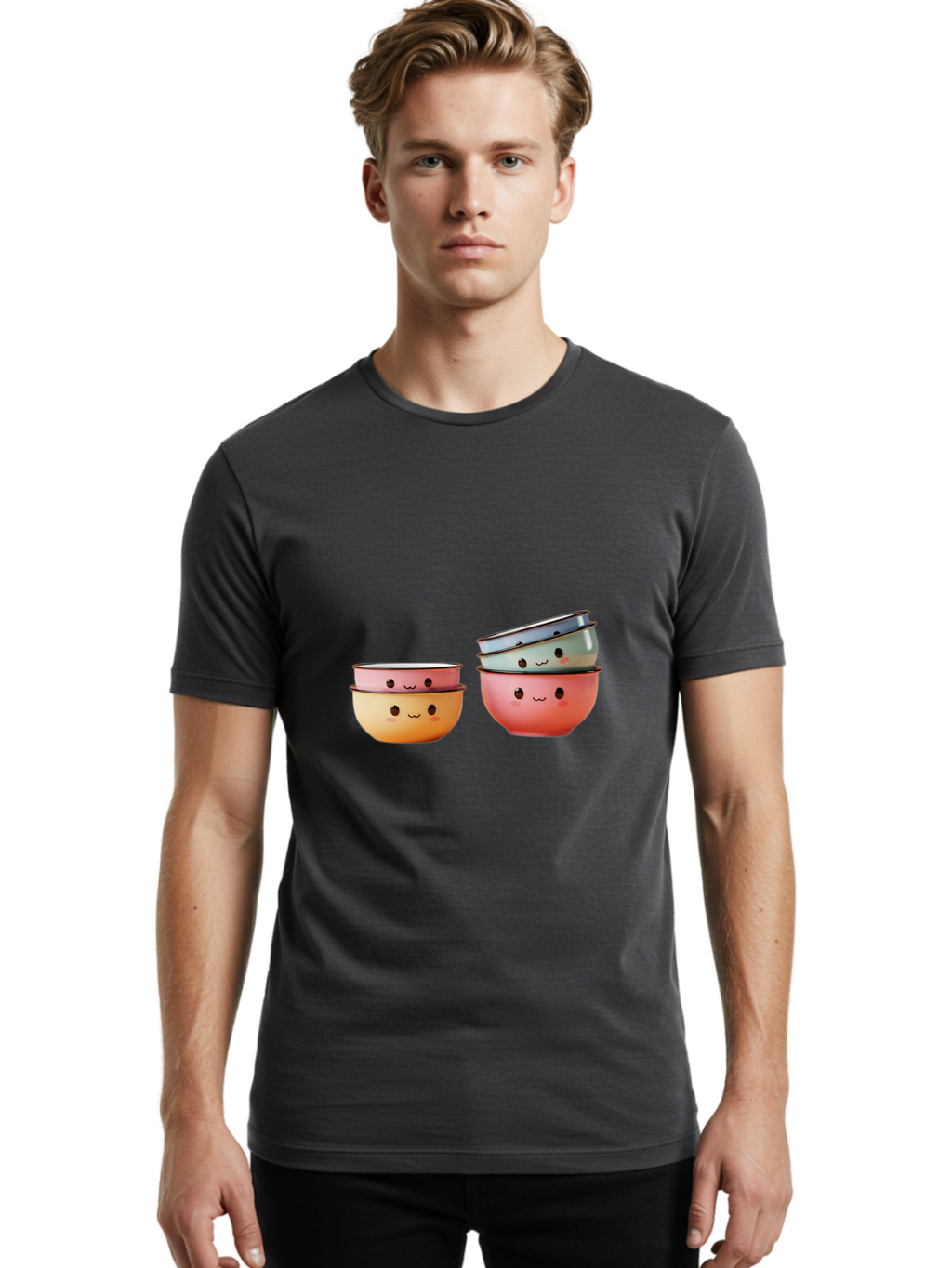 Smiling-Bowls-1 Men'S Graphic Tee, 100% Cotton, Comfortable Casual Summer Wear, Machine Washable, Stacked Mixing Bowls, Cute Kitchenware, Colorful Bowls, Smiling Faces, Kitchen Utensils, Cooking Essentials, Adorable Design, Pastel Colors, Bab406