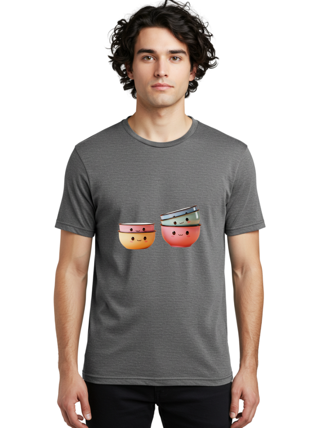 Smiling-Bowls-1 Men'S Graphic Tee, 100% Cotton, Comfortable Casual Summer Wear, Machine Washable, Stacked Mixing Bowls, Cute Kitchenware, Colorful Bowls, Smiling Faces, Kitchen Utensils, Cooking Essentials, Adorable Design, Pastel Colors, Bab406
