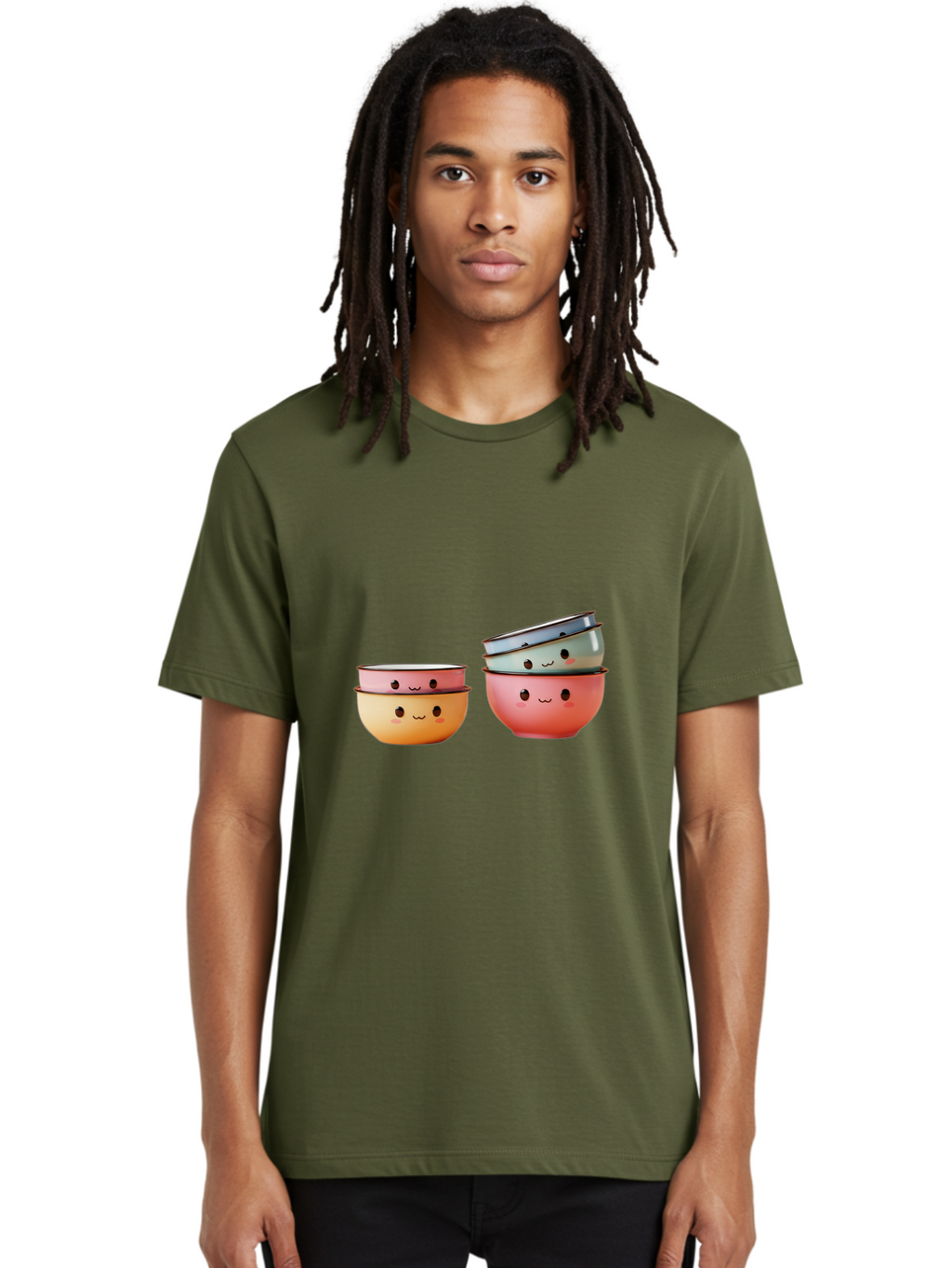 Smiling-Bowls-1 Men'S Graphic Tee, 100% Cotton, Comfortable Casual Summer Wear, Machine Washable, Stacked Mixing Bowls, Cute Kitchenware, Colorful Bowls, Smiling Faces, Kitchen Utensils, Cooking Essentials, Adorable Design, Pastel Colors, Bab406