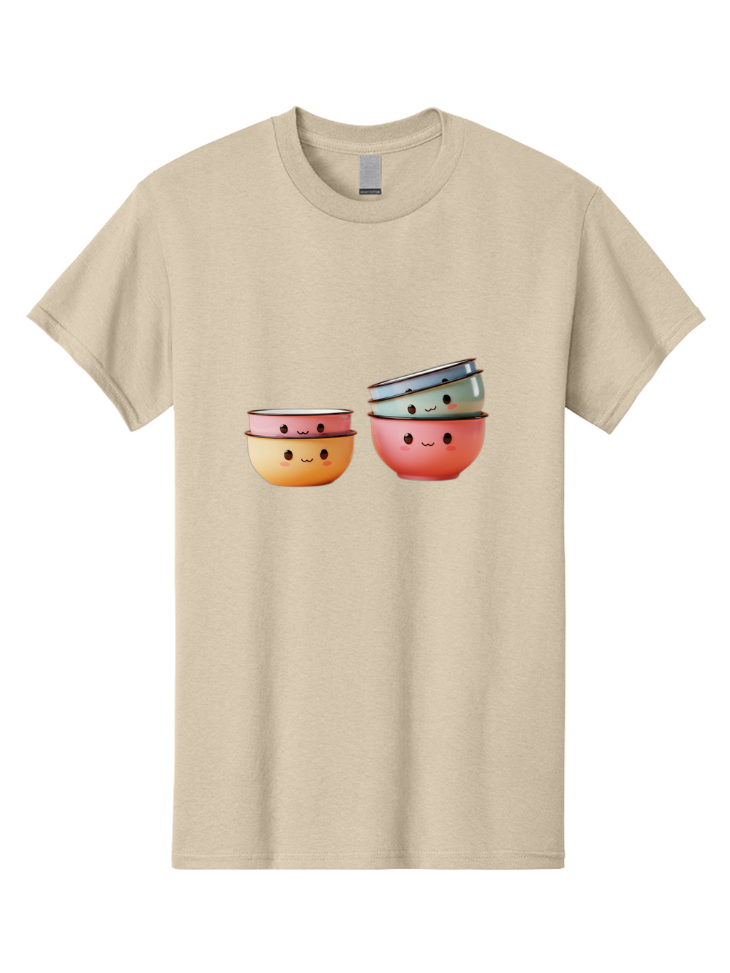 Smiling-Bowls-1 Men'S Graphic Tee, 100% Cotton, Comfortable Casual Summer Wear, Machine Washable, Stacked Mixing Bowls, Cute Kitchenware, Colorful Bowls, Smiling Faces, Kitchen Utensils, Cooking Essentials, Adorable Design, Pastel Colors, Bab406