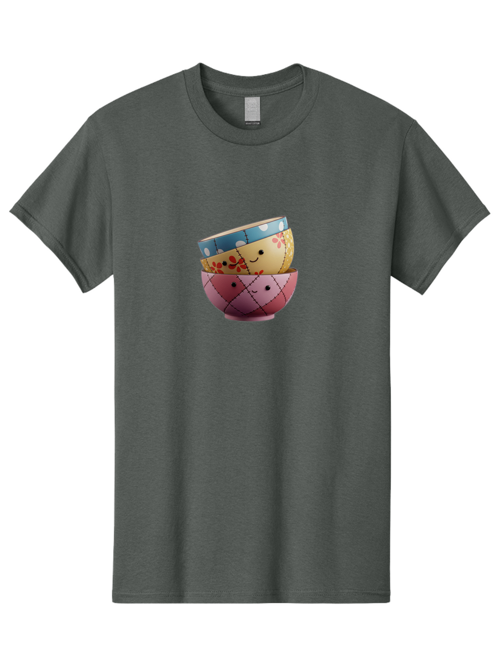 Smiling-Bowls Men'S Graphic Tee, 100% Cotton, Comfortable Casual Summer Wear, Machine Washable, Stacked Bowls, Smiling Faces, Colorful Patterns, Pastel Colors, Floral Designs, Polka Dots, Argyle Pattern, Cute Kitchenware, Tableware, Bab407