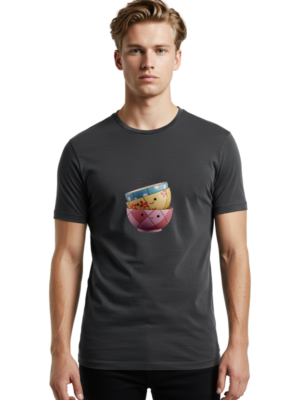 Smiling-Bowls Men'S Graphic Tee, 100% Cotton, Comfortable Casual Summer Wear, Machine Washable, Stacked Bowls, Smiling Faces, Colorful Patterns, Pastel Colors, Floral Designs, Polka Dots, Argyle Pattern, Cute Kitchenware, Tableware, Bab407