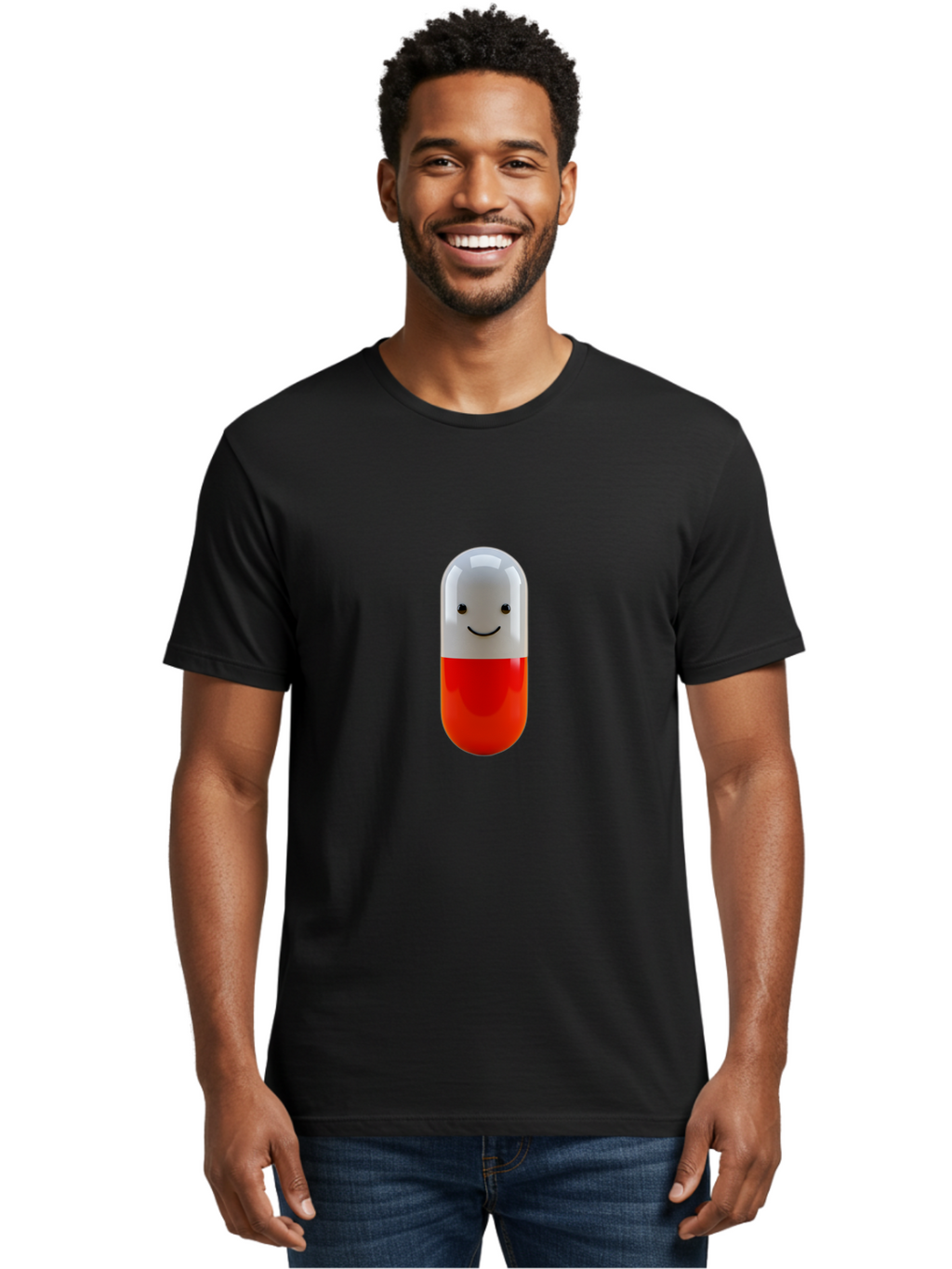 Smiling-Capsule Men'S Graphic Tee, 100% Cotton, Comfortable Casual Summer Wear, Machine Washable, Red And White Capsule, Smiling Face, Cartoon Character, Medicine, Pharmaceutical, Health Supplement, Happy Pill, Medication, Wellness Bab408