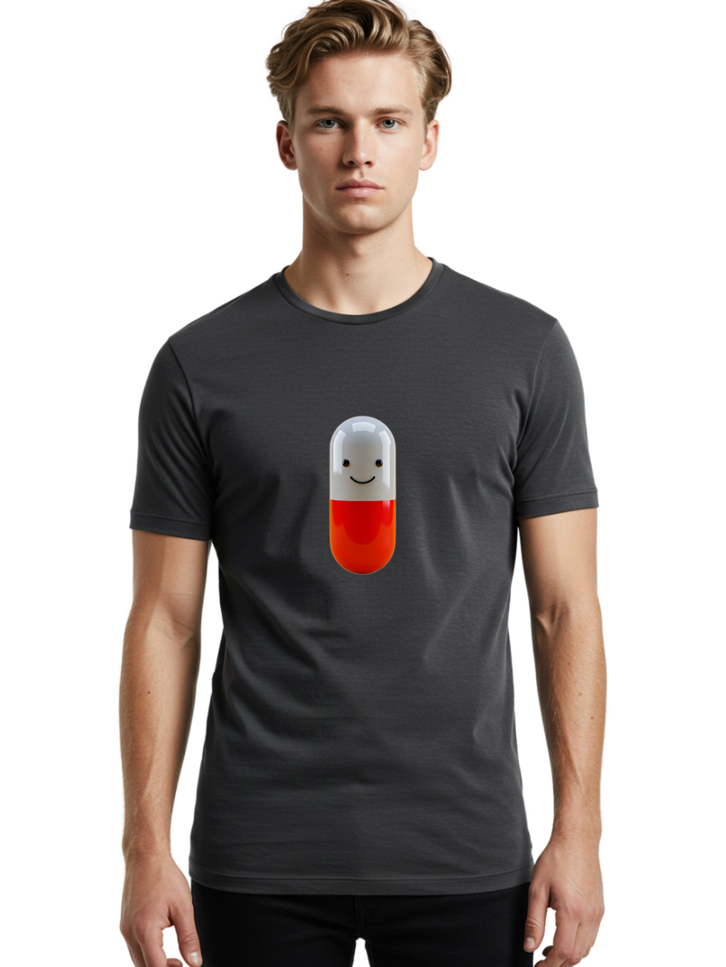 Smiling-Capsule Men'S Graphic Tee, 100% Cotton, Comfortable Casual Summer Wear, Machine Washable, Red And White Capsule, Smiling Face, Cartoon Character, Medicine, Pharmaceutical, Health Supplement, Happy Pill, Medication, Wellness Bab408