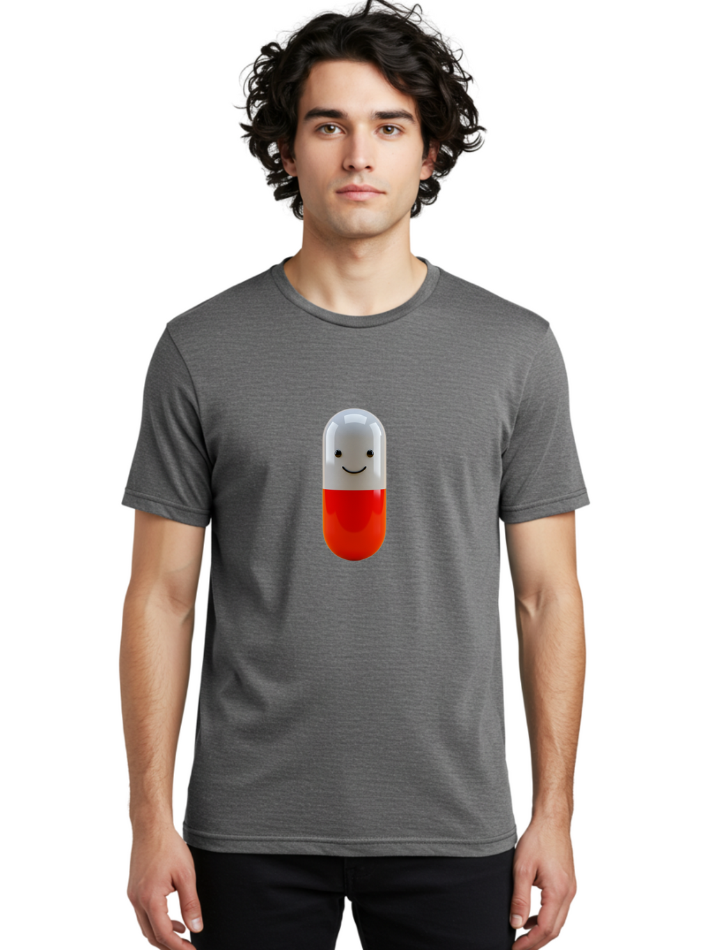 Smiling-Capsule Men'S Graphic Tee, 100% Cotton, Comfortable Casual Summer Wear, Machine Washable, Red And White Capsule, Smiling Face, Cartoon Character, Medicine, Pharmaceutical, Health Supplement, Happy Pill, Medication, Wellness Bab408