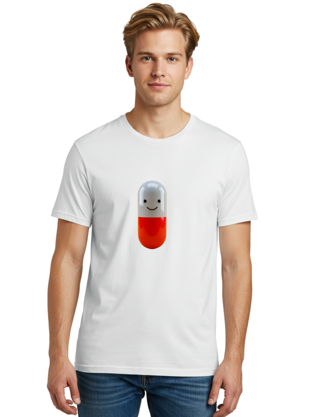 Smiling-Capsule Men'S Graphic Tee, 100% Cotton, Comfortable Casual Summer Wear, Machine Washable, Red And White Capsule, Smiling Face, Cartoon Character, Medicine, Pharmaceutical, Health Supplement, Happy Pill, Medication, Wellness Bab408