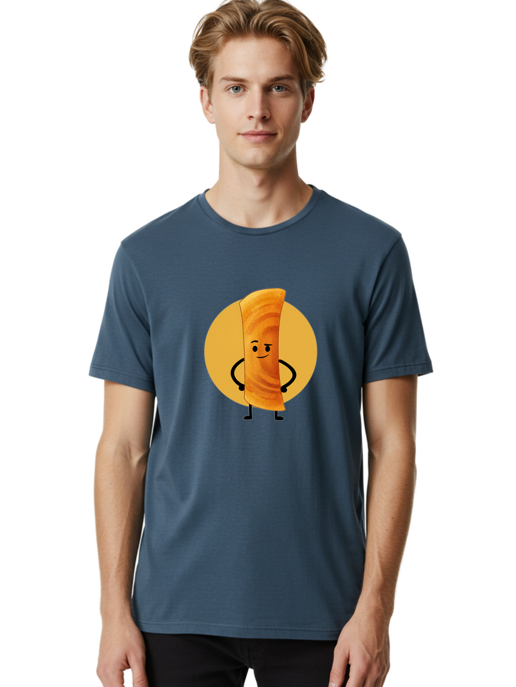 Smiling-Crepe Men'S Graphic Tee, 100% Cotton, Comfortable Casual Summer Wear, Machine Washable, Egg Roll Character, Cartoon Food, Smiling Face, Confident Pose, Black Legs, Yellow Circle, Cute Animation, Kawaii Design, Funny Illustration, Bab410