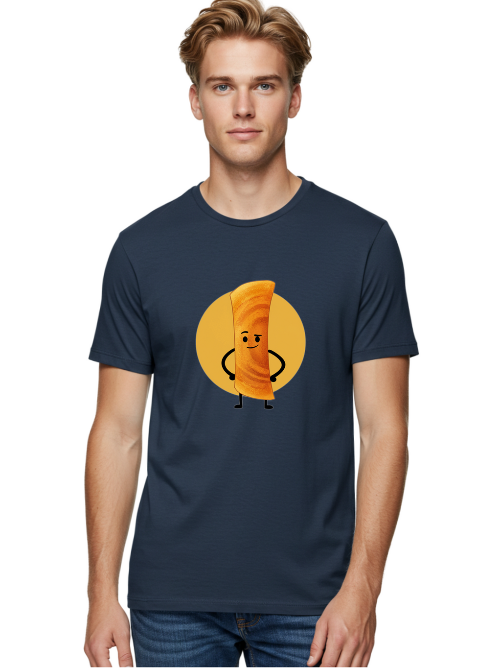 Smiling-Crepe Men'S Graphic Tee, 100% Cotton, Comfortable Casual Summer Wear, Machine Washable, Egg Roll Character, Cartoon Food, Smiling Face, Confident Pose, Black Legs, Yellow Circle, Cute Animation, Kawaii Design, Funny Illustration, Bab410