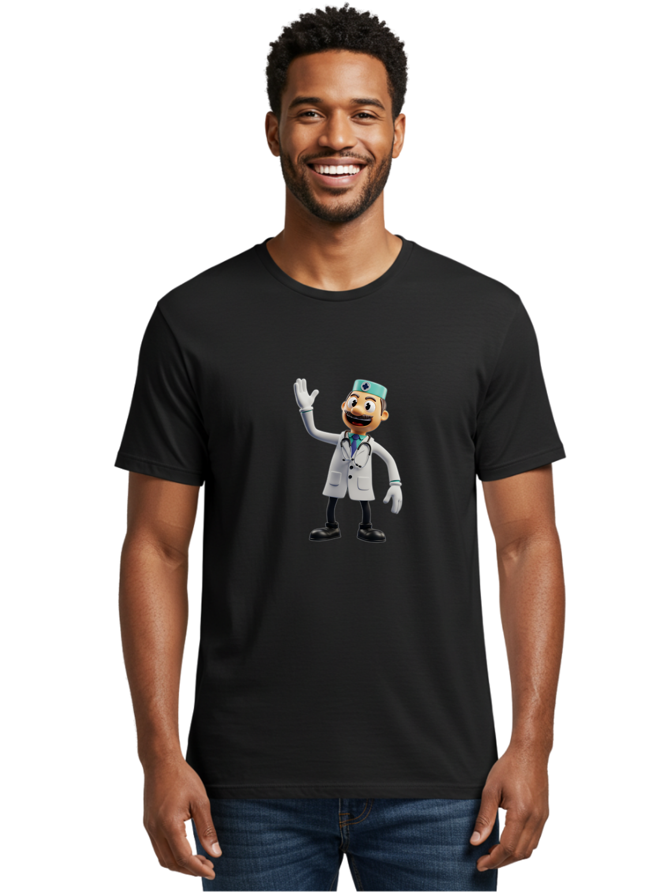 Smiling-Doctor-Character Men'S Graphic Tee, 100% Cotton, Comfortable Casual Summer Wear, Machine Washable, Cartoon Doctor, Medical Professional, Friendly Demeanor, White Lab Coat, Stethoscope Around Neck, Waving Gesture, Surgical Cap, Bab411