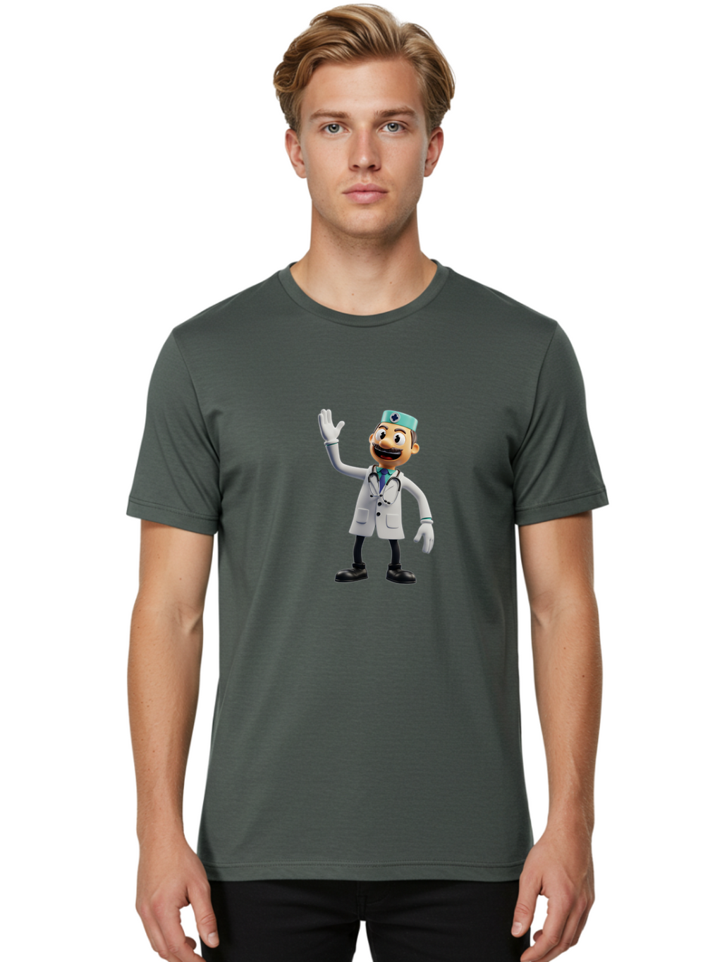 Smiling-Doctor-Character Men'S Graphic Tee, 100% Cotton, Comfortable Casual Summer Wear, Machine Washable, Cartoon Doctor, Medical Professional, Friendly Demeanor, White Lab Coat, Stethoscope Around Neck, Waving Gesture, Surgical Cap, Bab411