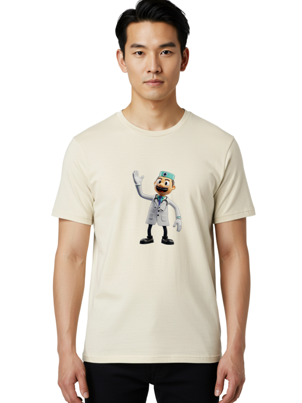 Smiling-Doctor-Character Men'S Graphic Tee, 100% Cotton, Comfortable Casual Summer Wear, Machine Washable, Cartoon Doctor, Medical Professional, Friendly Demeanor, White Lab Coat, Stethoscope Around Neck, Waving Gesture, Surgical Cap, Bab411