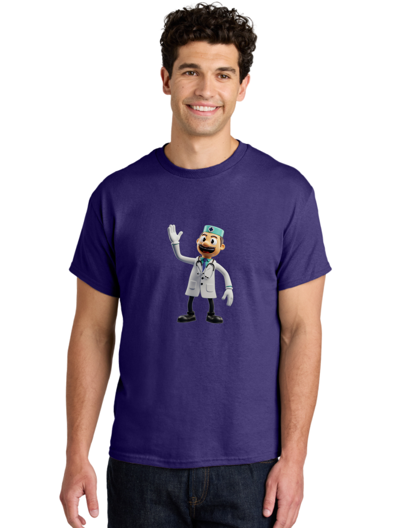 Smiling-Doctor-Character Men'S Graphic Tee, 100% Cotton, Comfortable Casual Summer Wear, Machine Washable, Cartoon Doctor, Medical Professional, Friendly Demeanor, White Lab Coat, Stethoscope Around Neck, Waving Gesture, Surgical Cap, Bab411