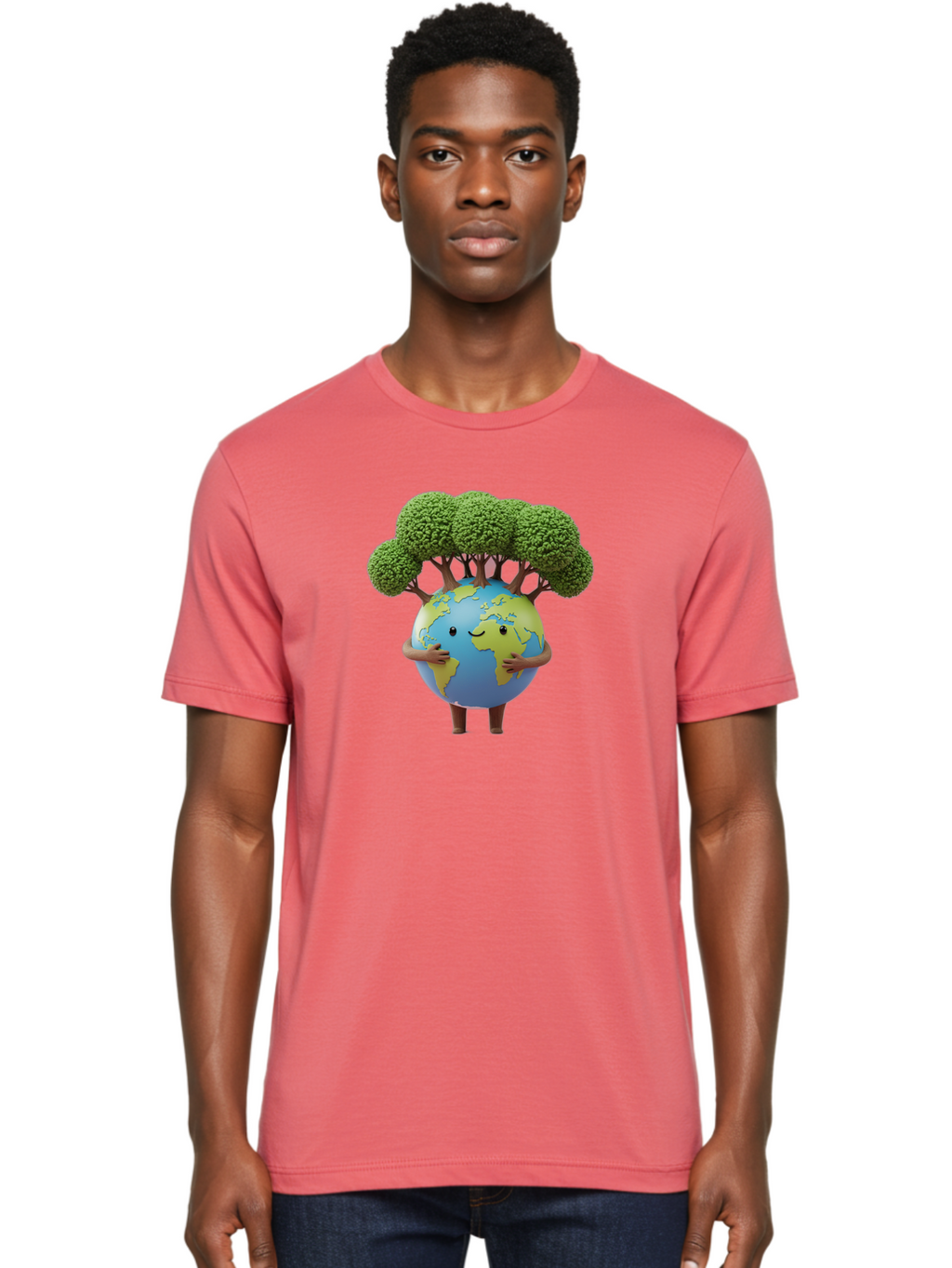 Smiling-Earth-1 Men'S Graphic Tee, 100% Cotton, Comfortable Casual Summer Wear, Machine Washable, Cartoon Globe, Eco-Friendly, Earth With Trees, Smiling Face, Environmental Awareness, Conservation, Sustainable Living, Green Initiatives, Bab412