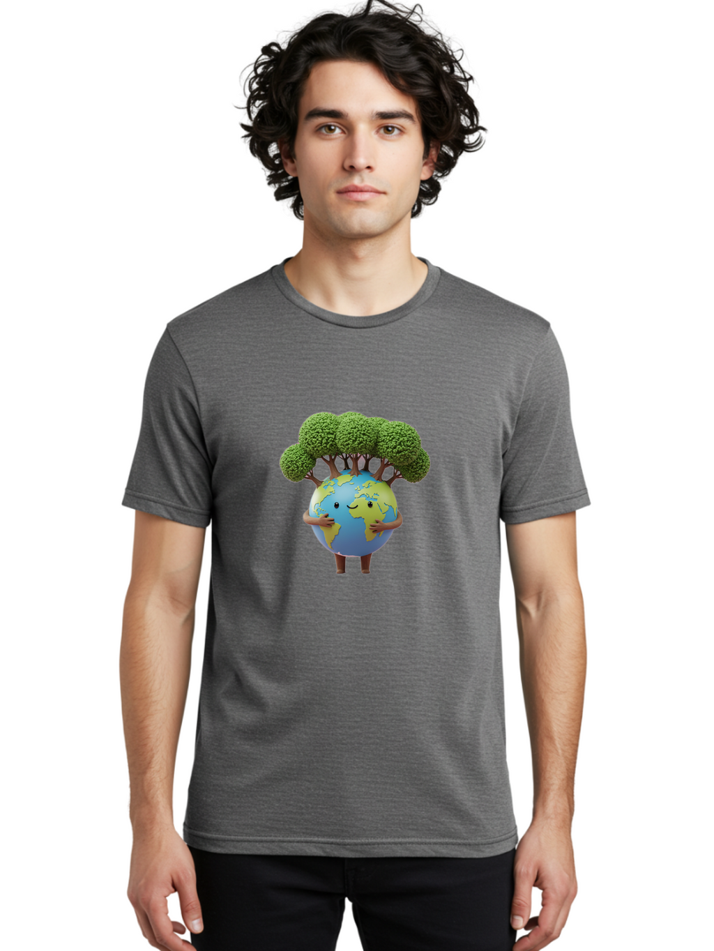 Smiling-Earth-1 Men'S Graphic Tee, 100% Cotton, Comfortable Casual Summer Wear, Machine Washable, Cartoon Globe, Eco-Friendly, Earth With Trees, Smiling Face, Environmental Awareness, Conservation, Sustainable Living, Green Initiatives, Bab412