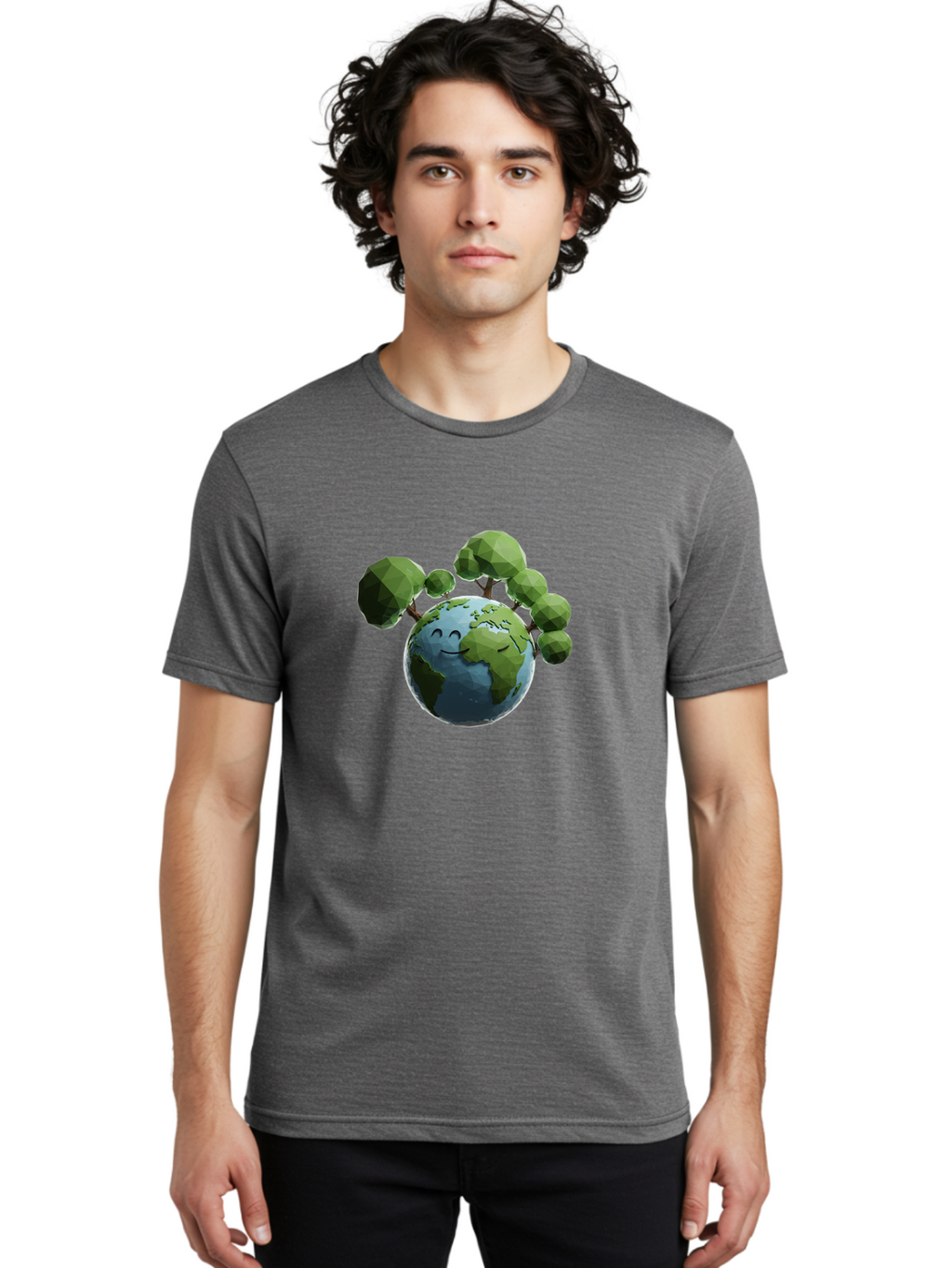 Smiling-Earth Men'S Graphic Tee, 100% Cotton, Comfortable Casual Summer Wear, Machine Washable, Happy Earth, Cartoon Globe, Smiling Face, Green Trees, Eco Friendly, Low Poly, 3D Rendering, Environmental Awareness, Conservation, Bab413