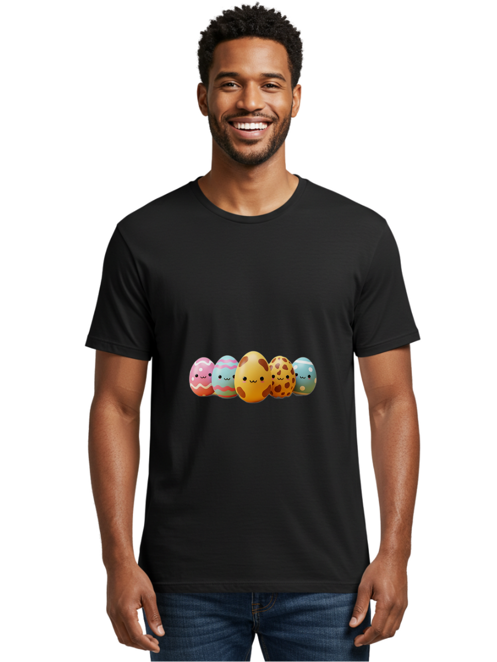 Smiling-Easter-Eggs Men'S Graphic Tee, 100% Cotton, Comfortable Casual Summer Wear, Machine Washable, Easter Eggs, Decorated Eggs, Colorful Eggs, Egg Designs, Spring Decoration, Easter Theme, Cartoon Eggs, Festive Eggs, Pastel Colors, Bab414